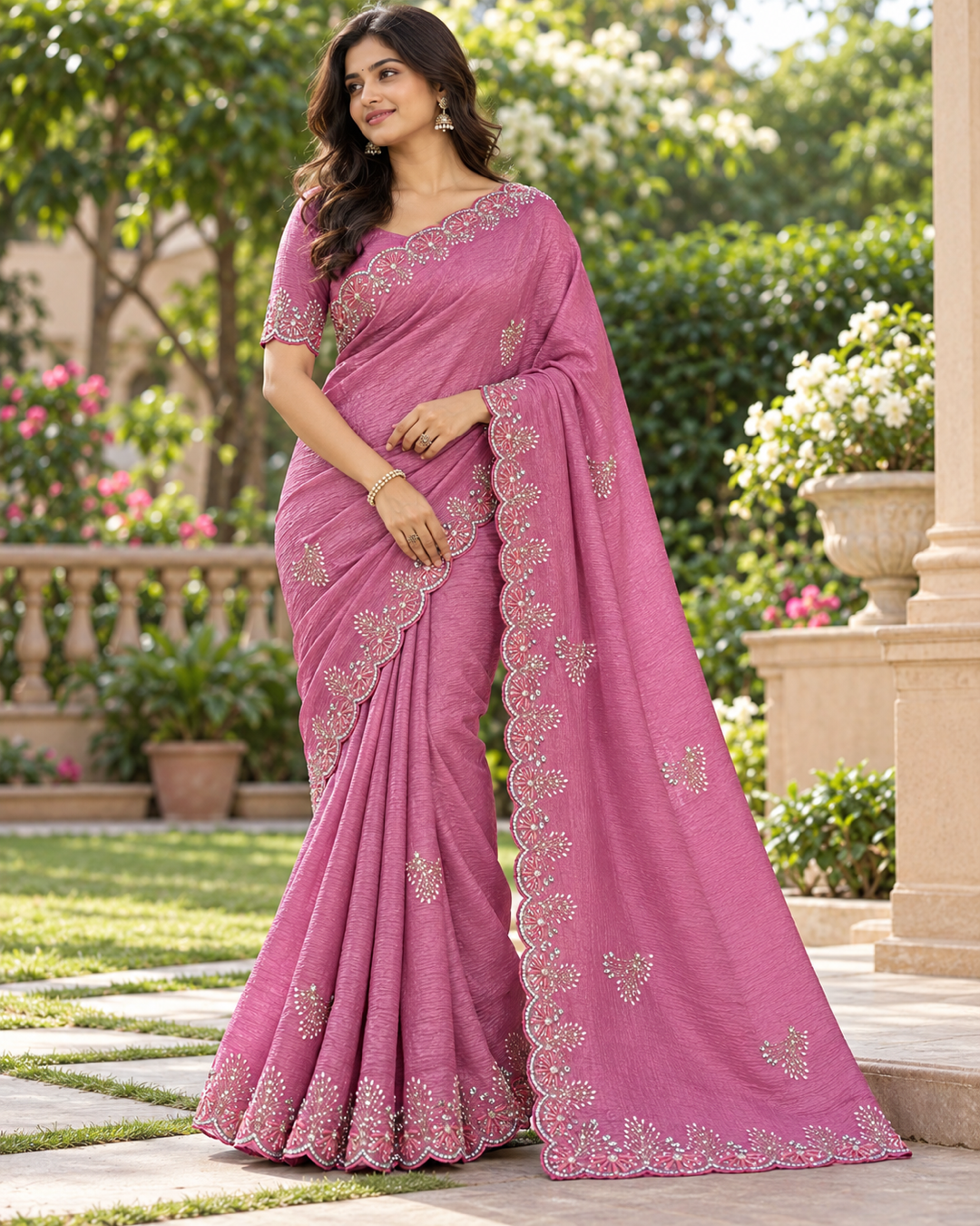 Pink Textured Silk Saree with Mirror-Work Scalloped Cutwork Border Main image