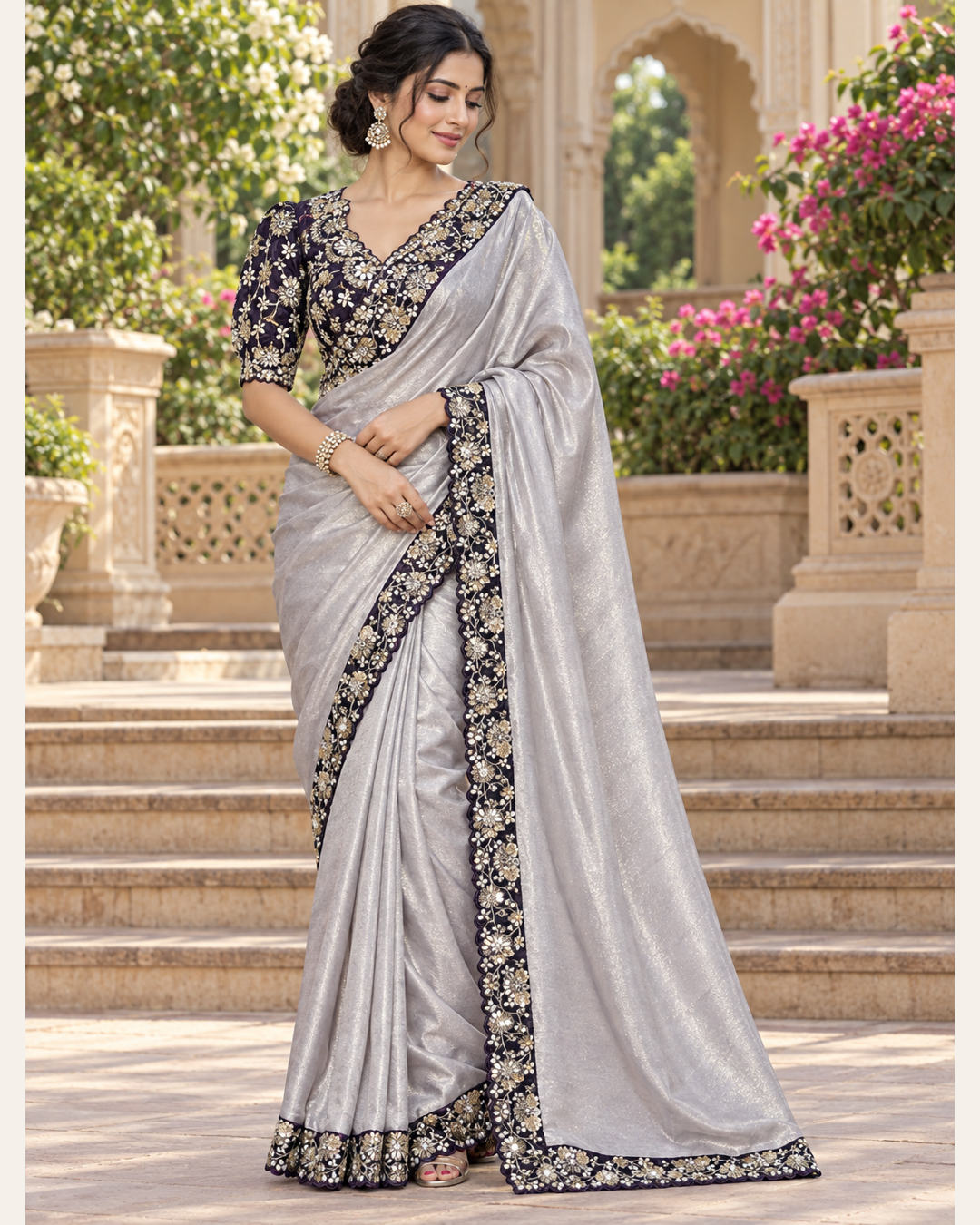 Silver Grey Saree with Black Floral Embroidered Border Main image