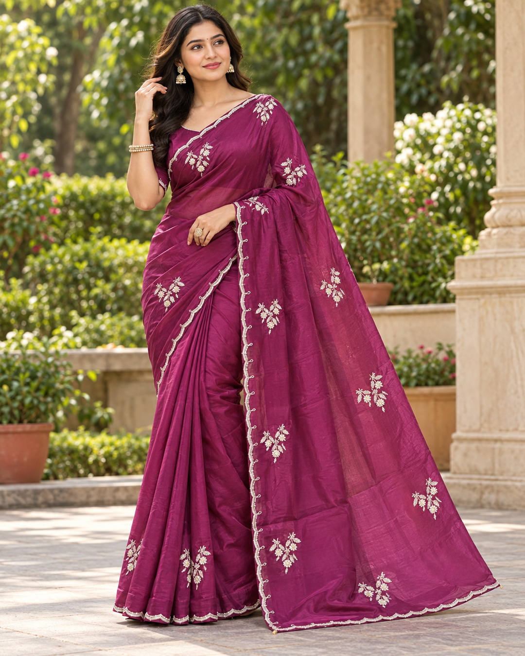 Deep Magenta Floral Embroidered Saree Main image