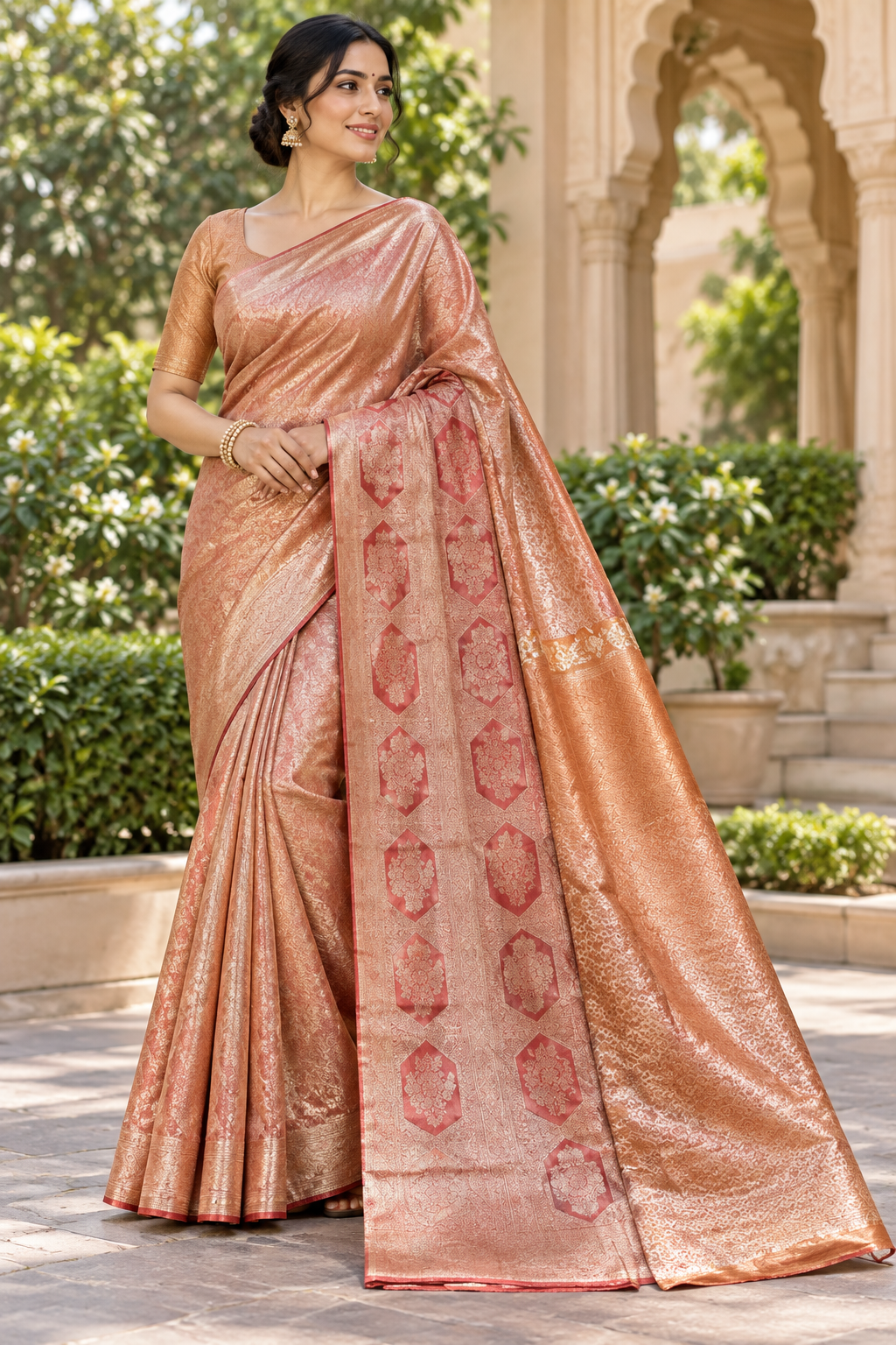 Rose Gold Tissue Silk Saree with All-Over Brocade Jaal & Hexagonal Damask Medallion Pallu