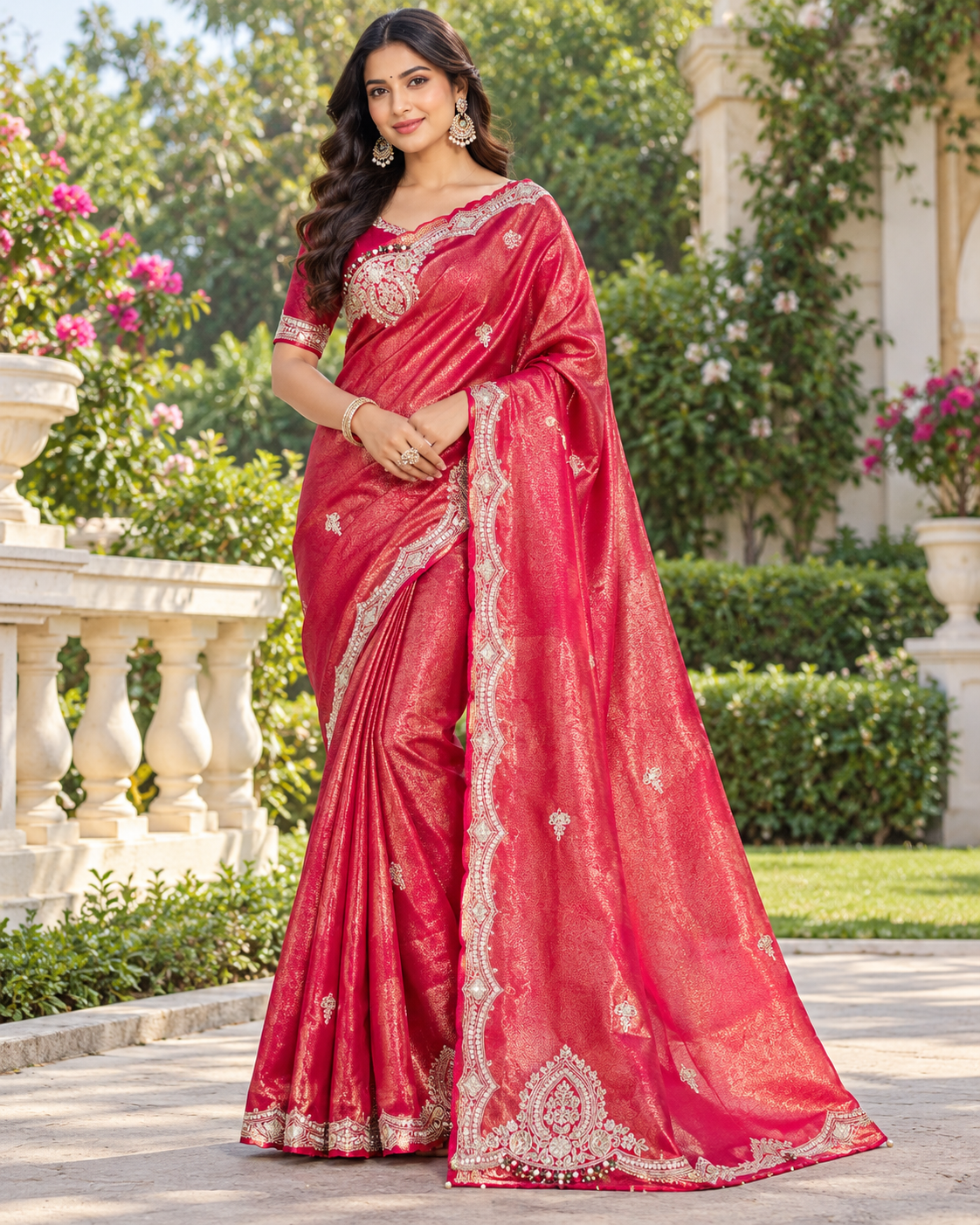 Rani Pink Embroidered Silk Saree Main image