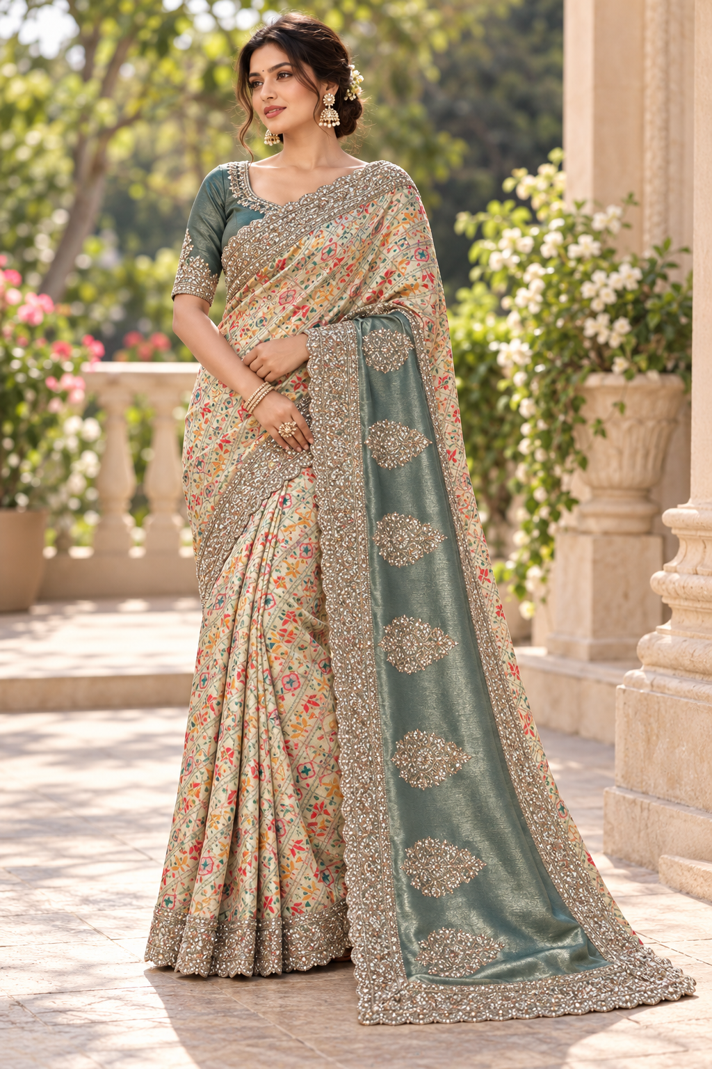 Cream Patola Print Silk Saree with Slate Grey Beaded Zardozi Applique Pallu & Embellished Border
