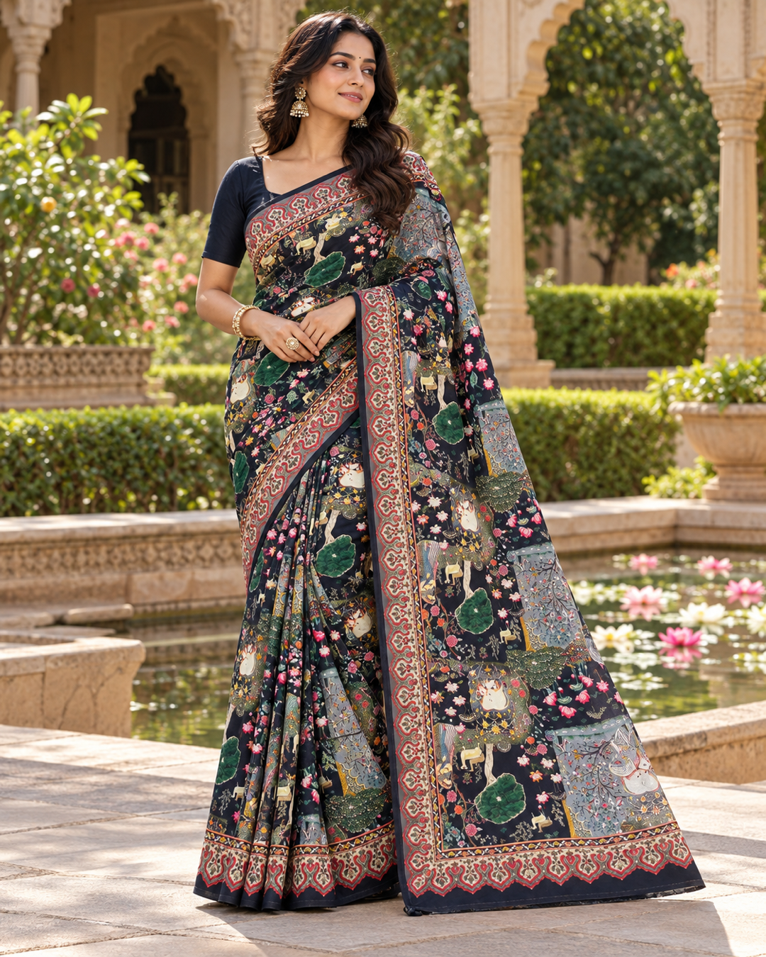 Black Silk Blend Saree with Kalamkari Pichwai Art Print & Intricate Motif Border Main image