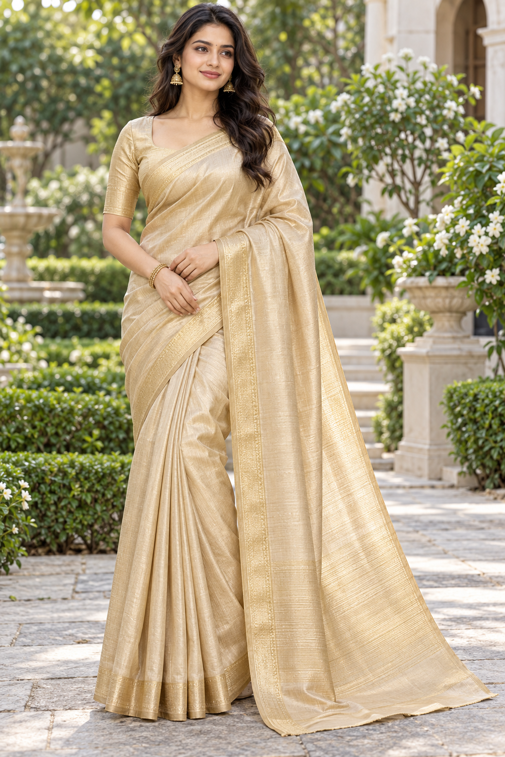 Metallic Champagne Gold Tissue Silk Saree with Woven Zari Border