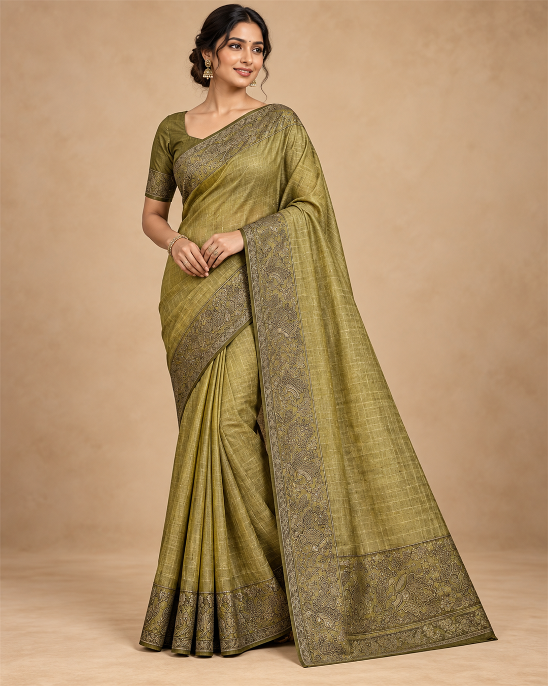 Olive Green Checked Saree With Traditional Brocade Border