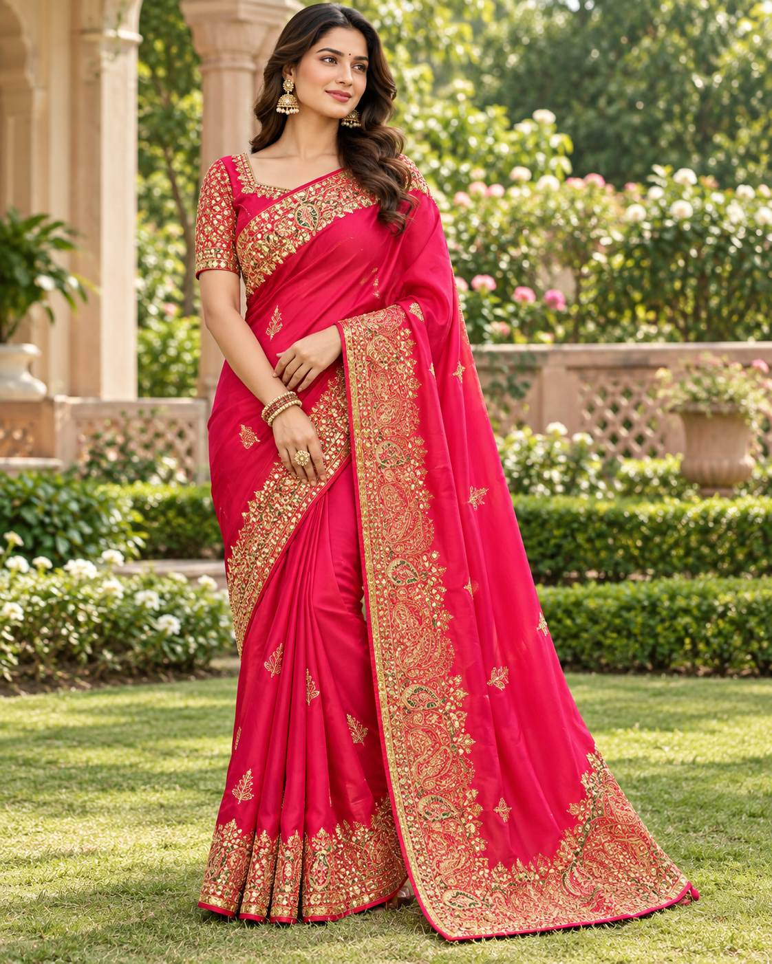Crimson Red Embroidered Silk Saree