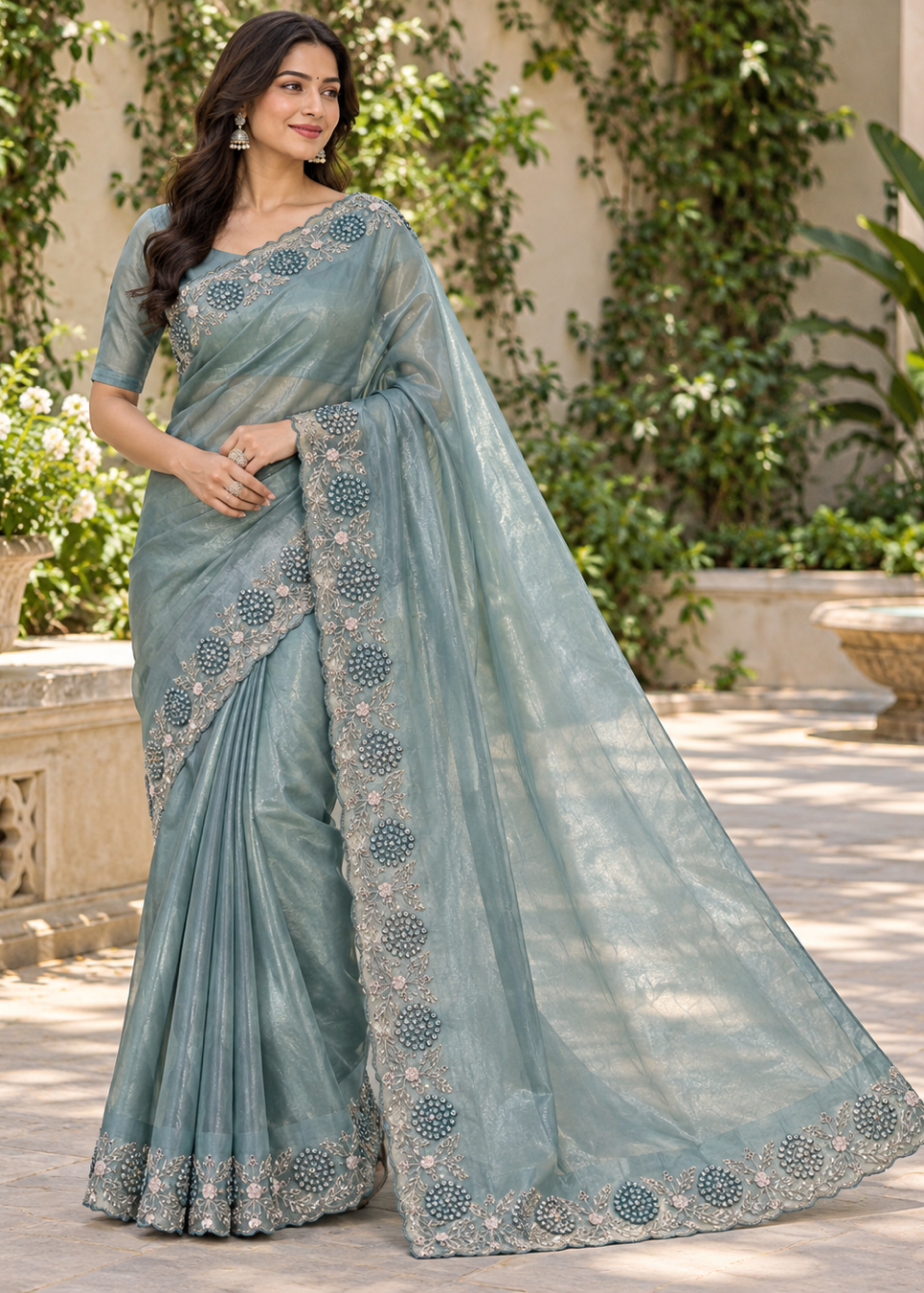 Slate Grey Silk Tissue Saree with Floral Circular Embroidery & Scalloped Cutwork Border