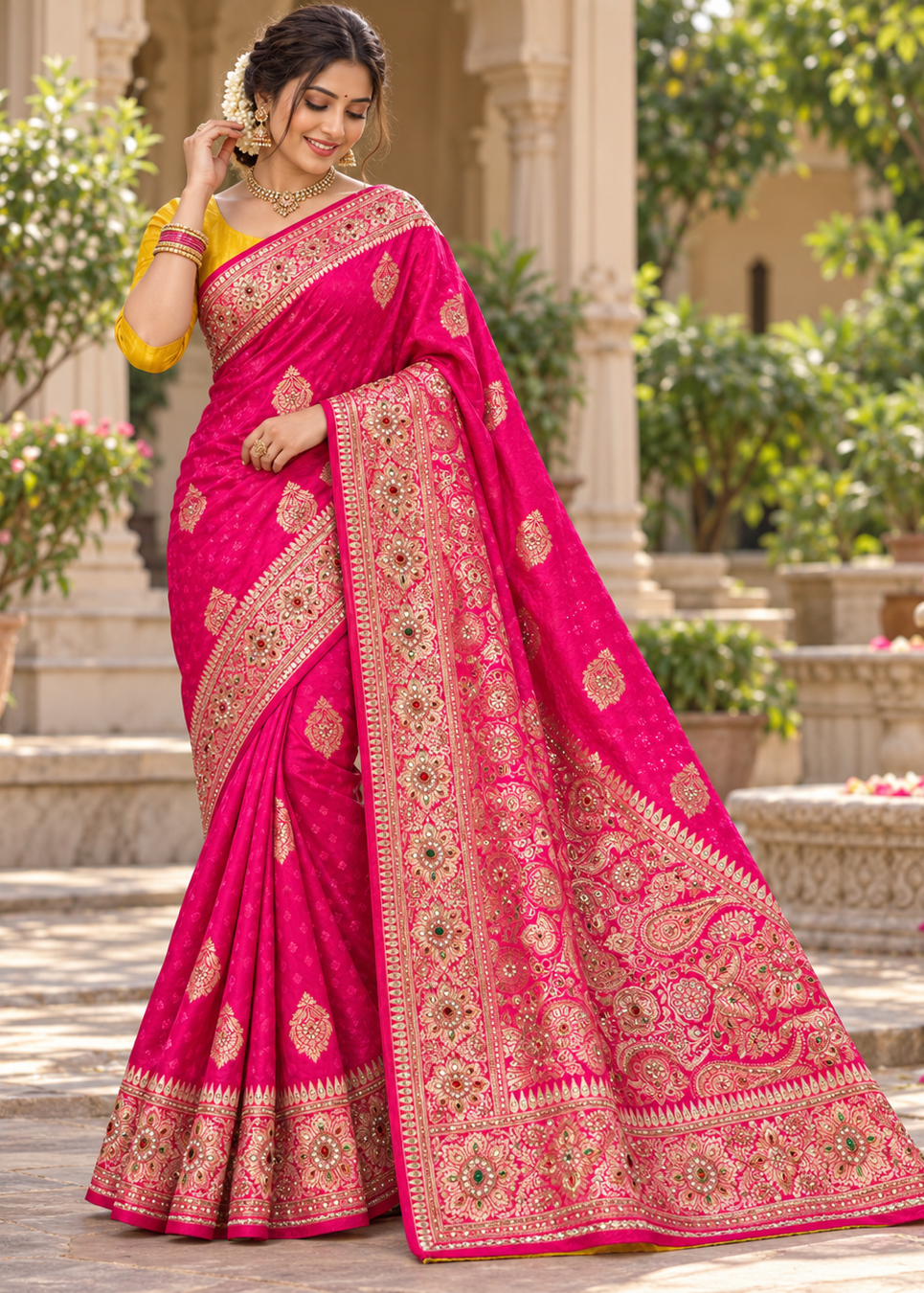 Deep Rani Pink Silk Saree with Gold Zari Floral Medallions & Embroidered Mirror-Work Border Main image