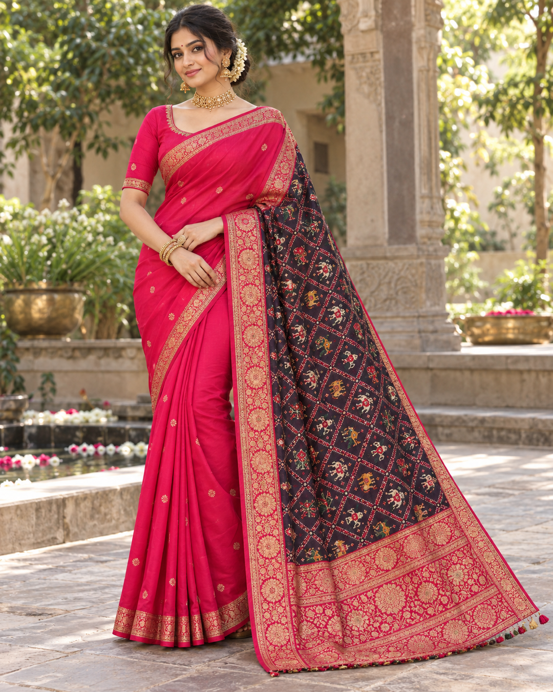 Hot Pink Silk Saree with Navy Blue Patola Motif Pallu & Gold Zari Border