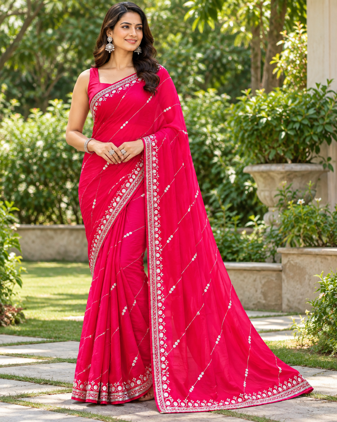 Rani Pink Saree with Silver Embellished Stripes