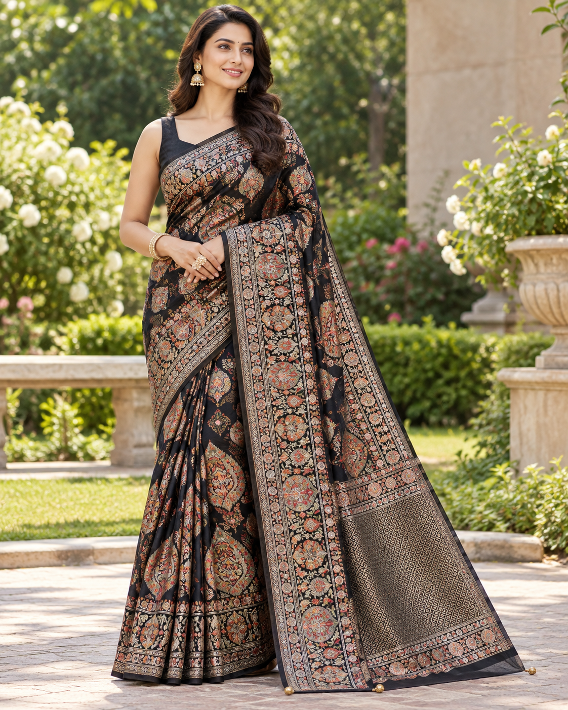 Black Kalamkari Printed Silk Saree Main image