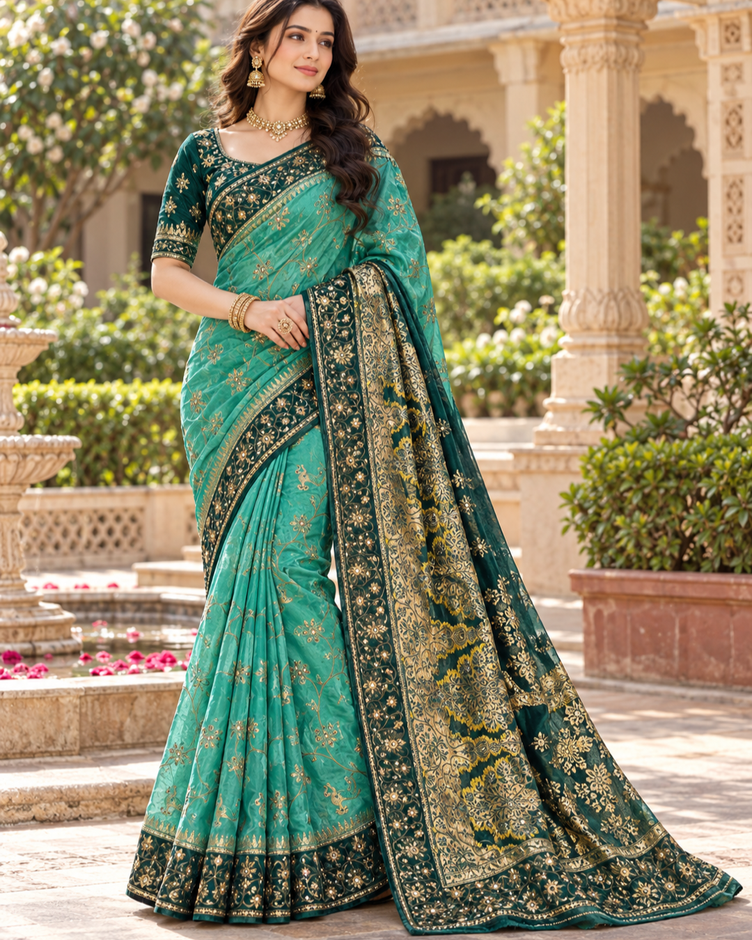 Sea Green Saree With Floral Motifs And Dark Green Border
