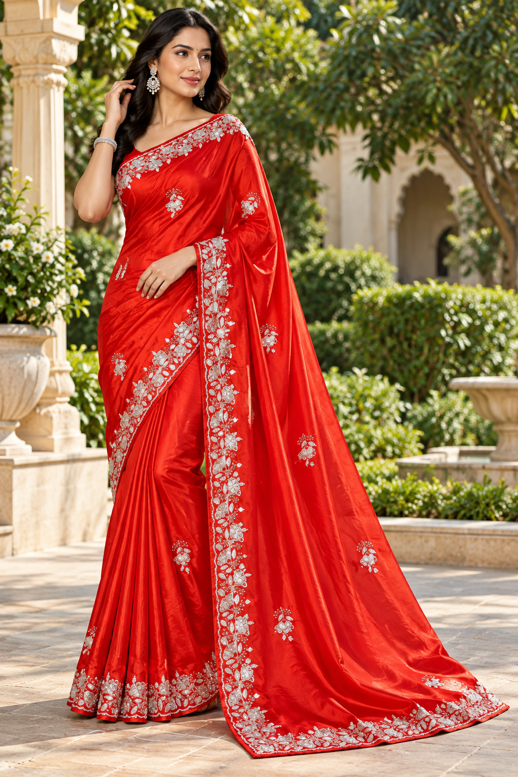 Crimson Red Silver Embroidered Silk Saree Main image