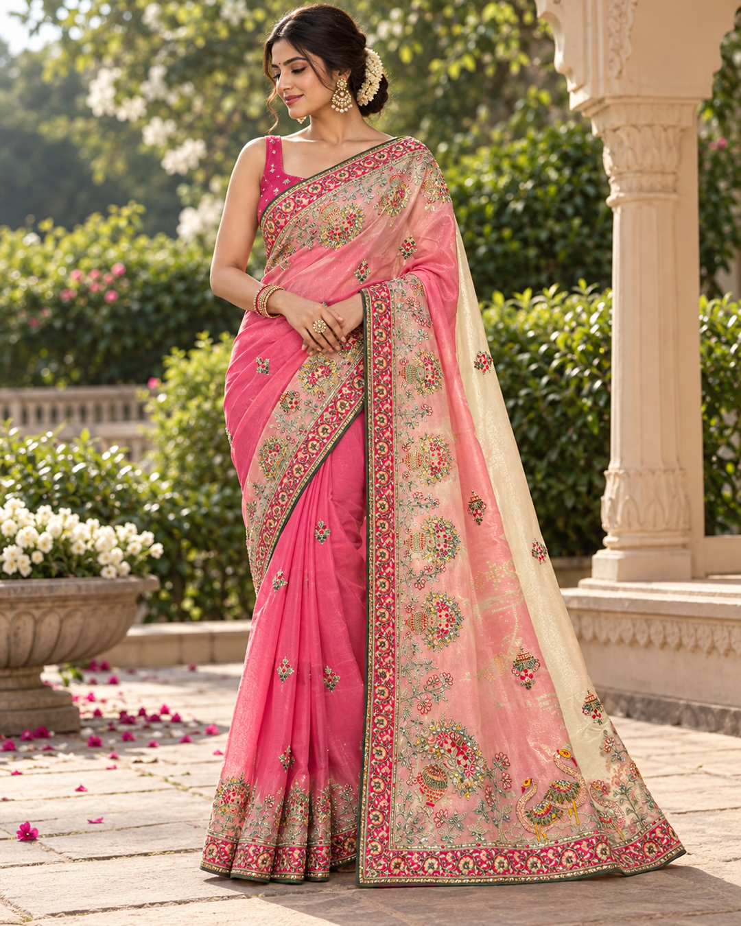 Pink And Cream Floral Embroidered Saree Main image