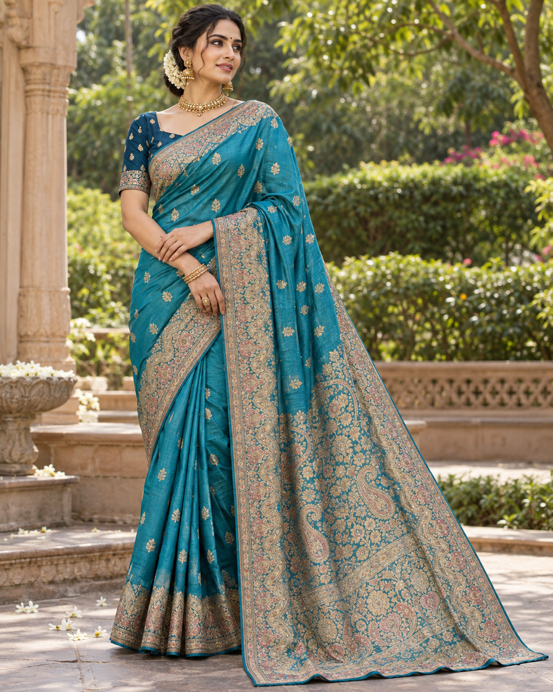 Teal Blue Floral Motif Saree with Rich Paisley Zari Border