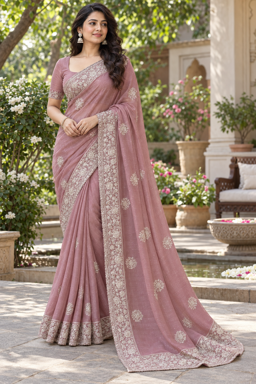 Elegant Pink Soft Fabric Saree with Silver Embroidered Border