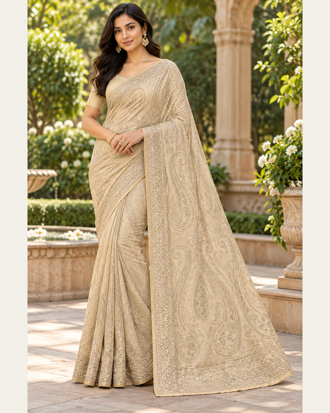 Cream Embellished Paisley Saree