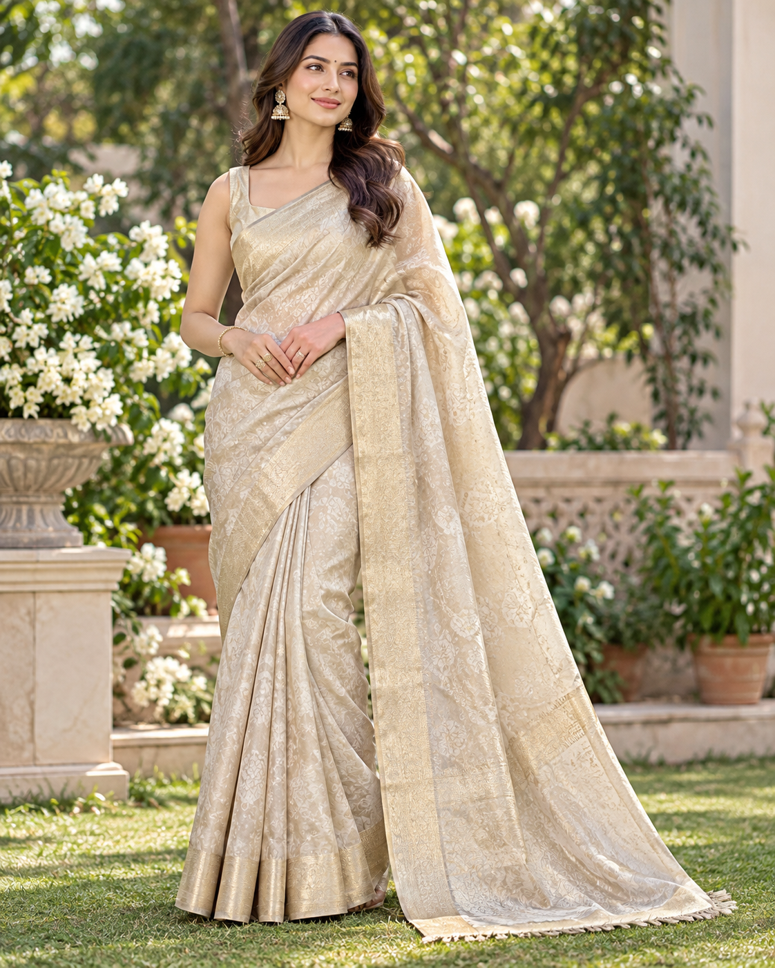 Off White Jacquard Woven Tissue Saree Main image