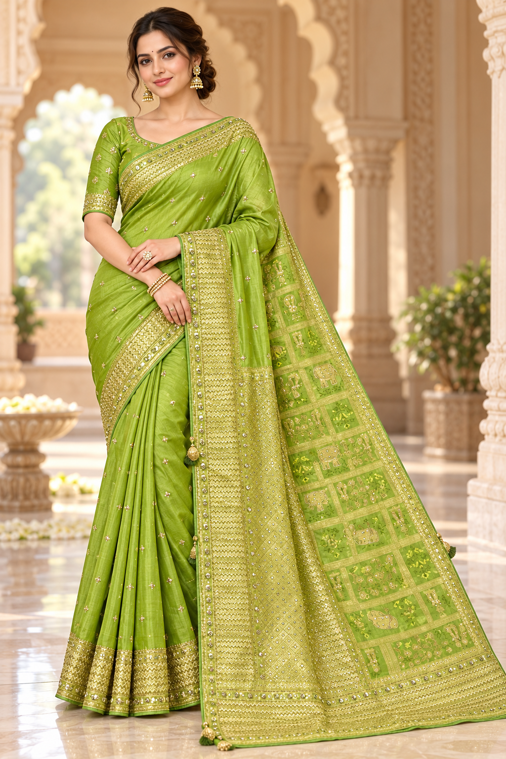 Vibrant Lime Green Zari Woven Saree