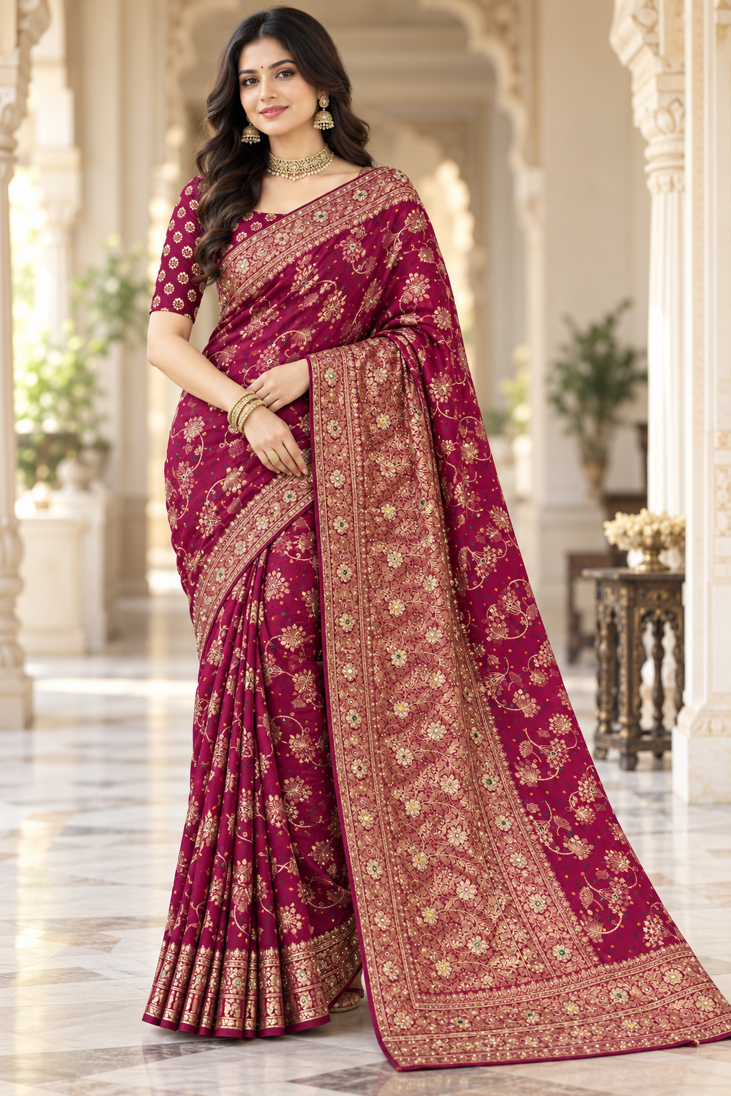Deep Magenta Floral Brocade Saree Main image