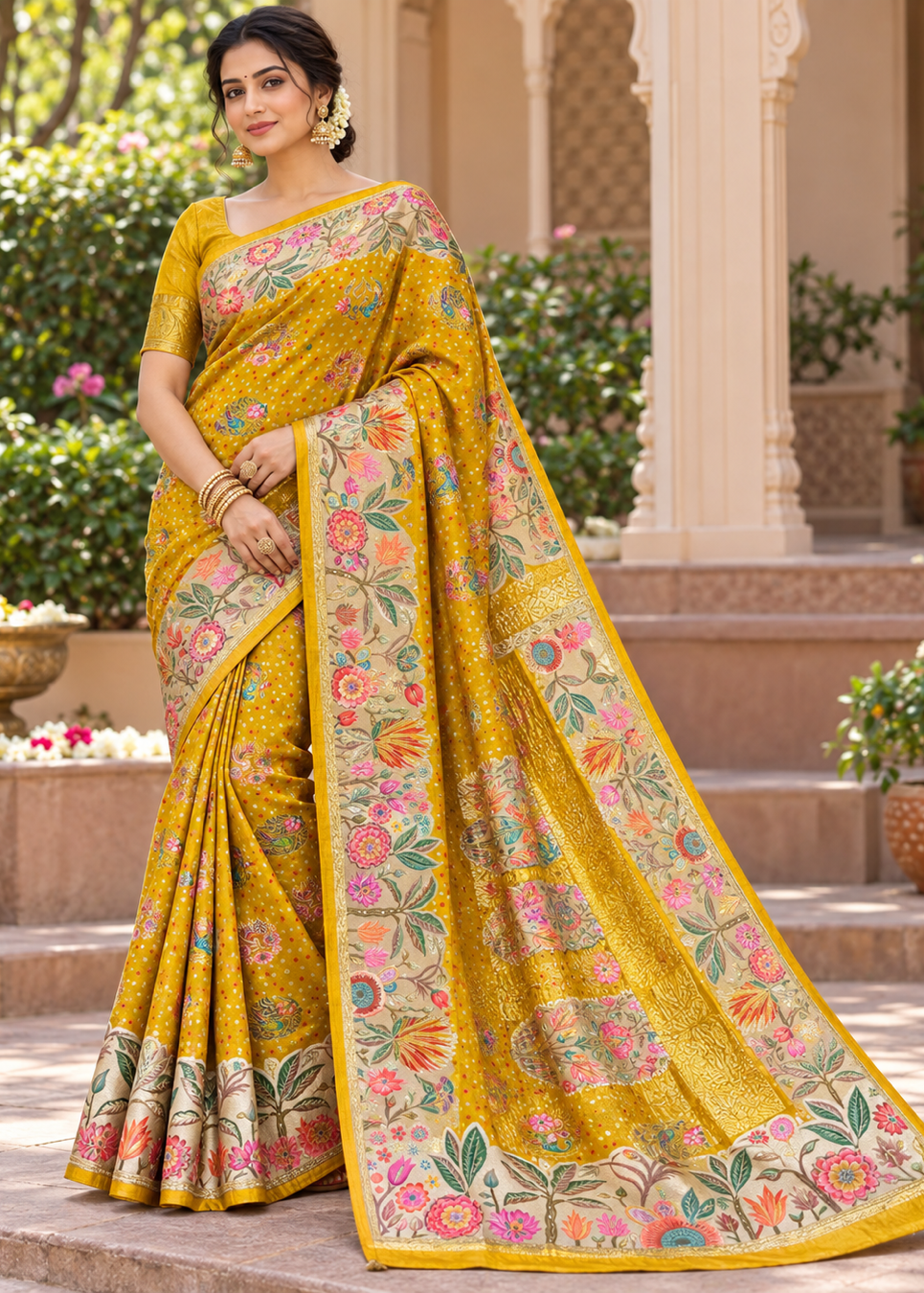 Mustard Yellow Silk Bandhani Saree with Floral Meenakari Border &amp; Floral Brocade Pallu Main image