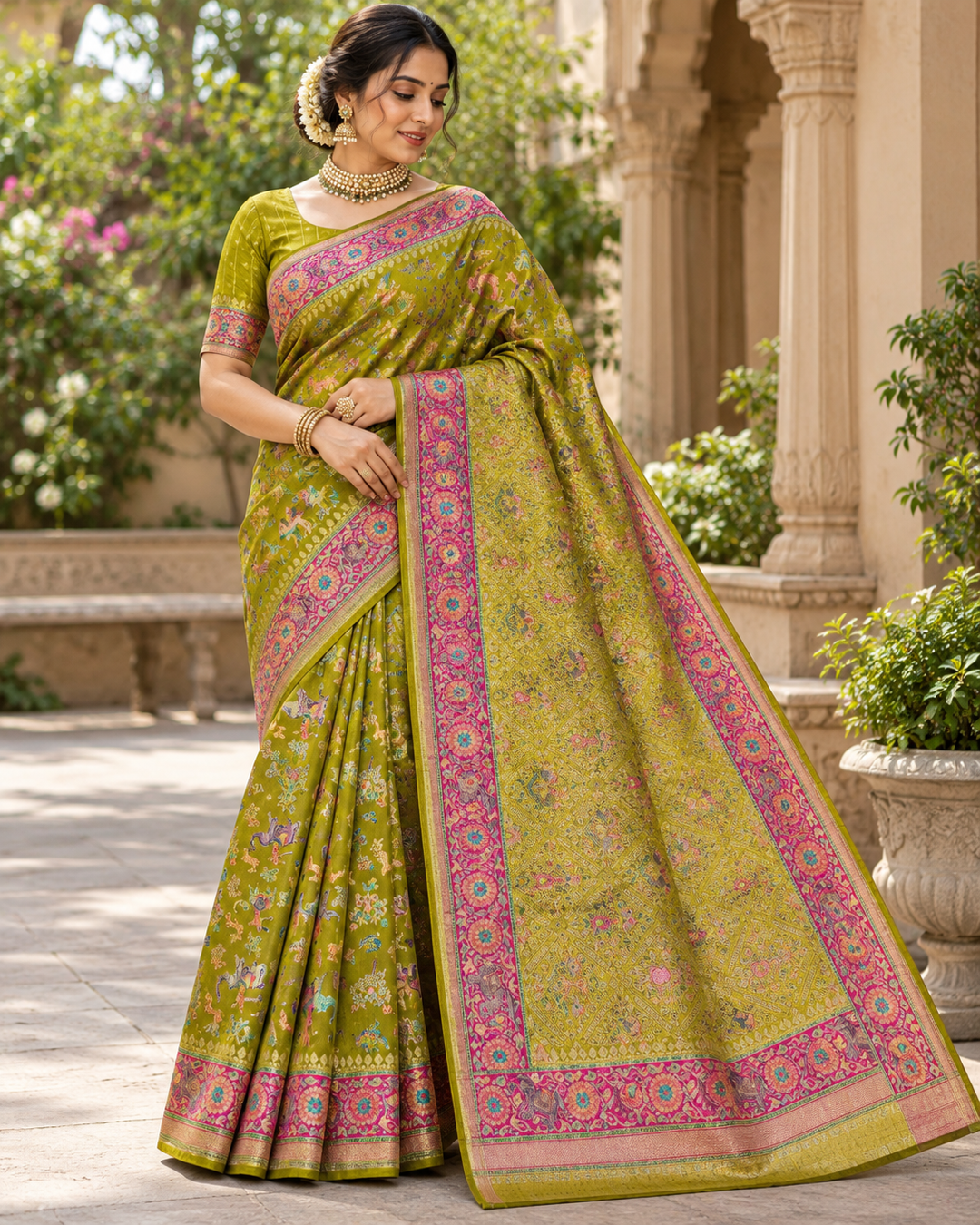 Olive Green Silk Blend Saree with Pink Floral Embroidered Border & Figurine Motifs