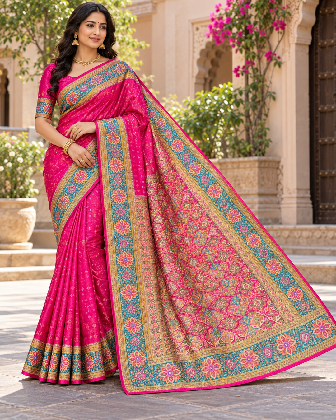 Pink Saree with Teal Floral Border and Ornate Pallu Main image