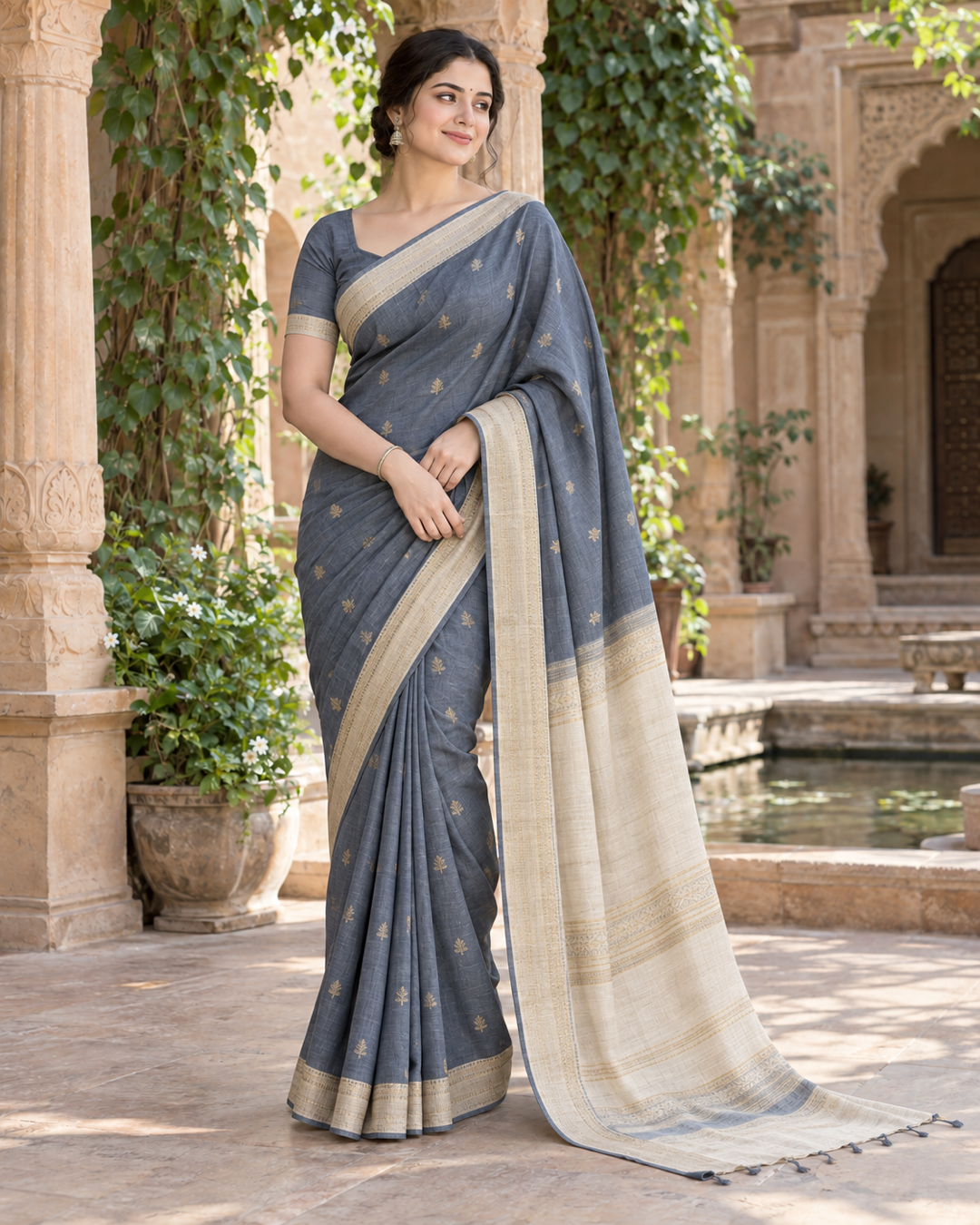 Slate Grey Saree with Soft Gold Zari Woven Border & Pallu Main image