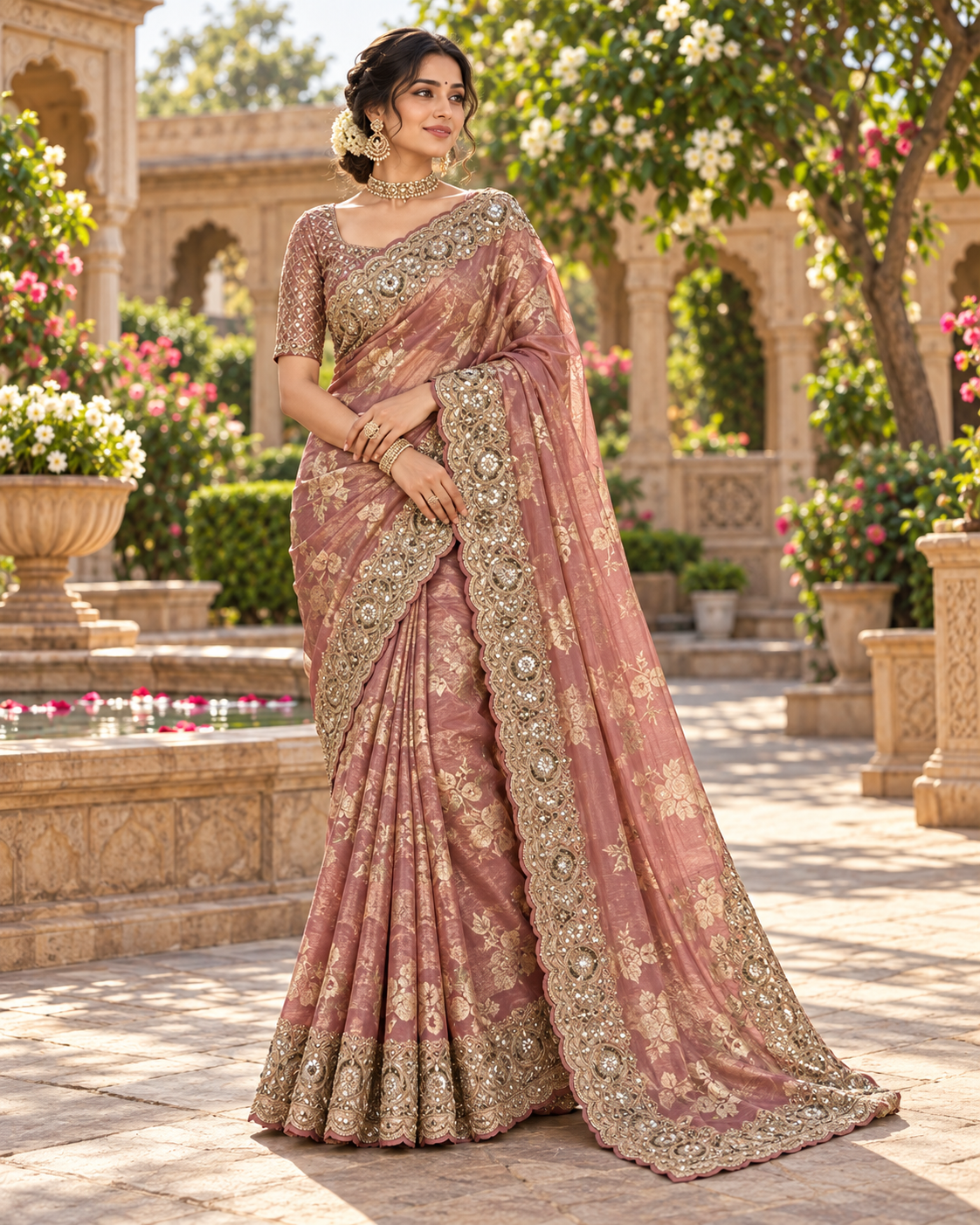 Mauve Floral Mirror Work Saree