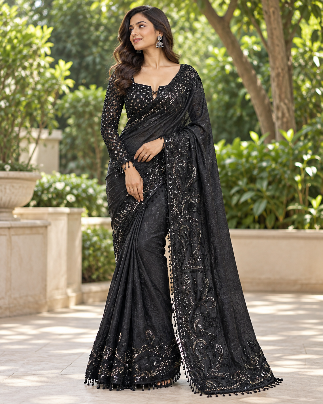 Black Sequined Embroidered Georgette Saree Main image