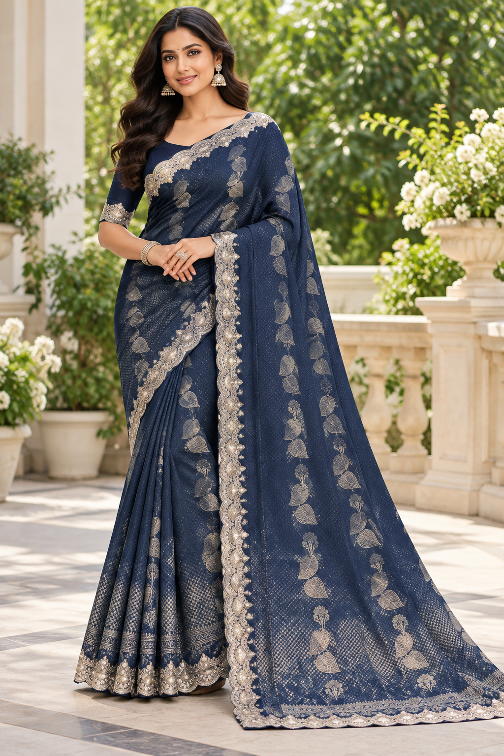 Midnight Blue Silk Saree with All-Over Zari Leaf Motifs & Scalloped Zardozi Border