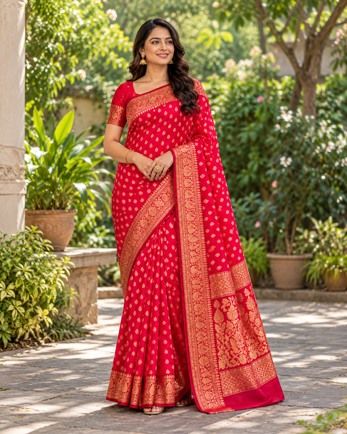 Red Saree with Rich Golden Zari Border & Traditional Floral Pallu