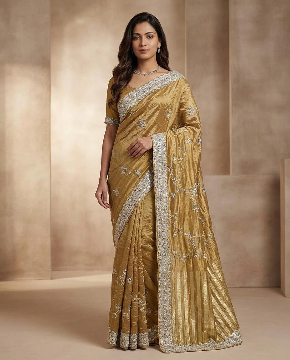 Golden Embellished Saree with Scalloped Border