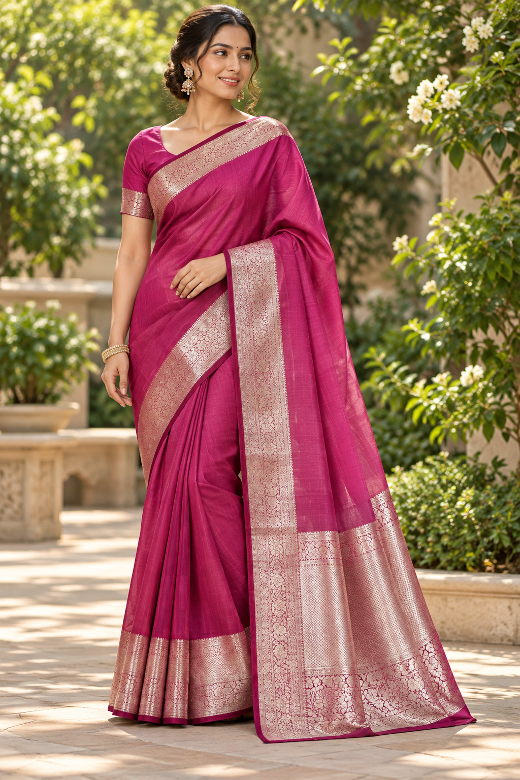Magenta Pink Silver Silk Saree
