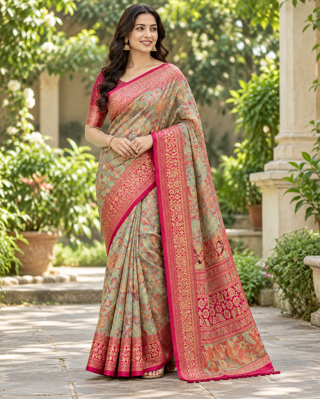 Sage Green & Rani Pink Saree with Rich Golden Zari Border Main image