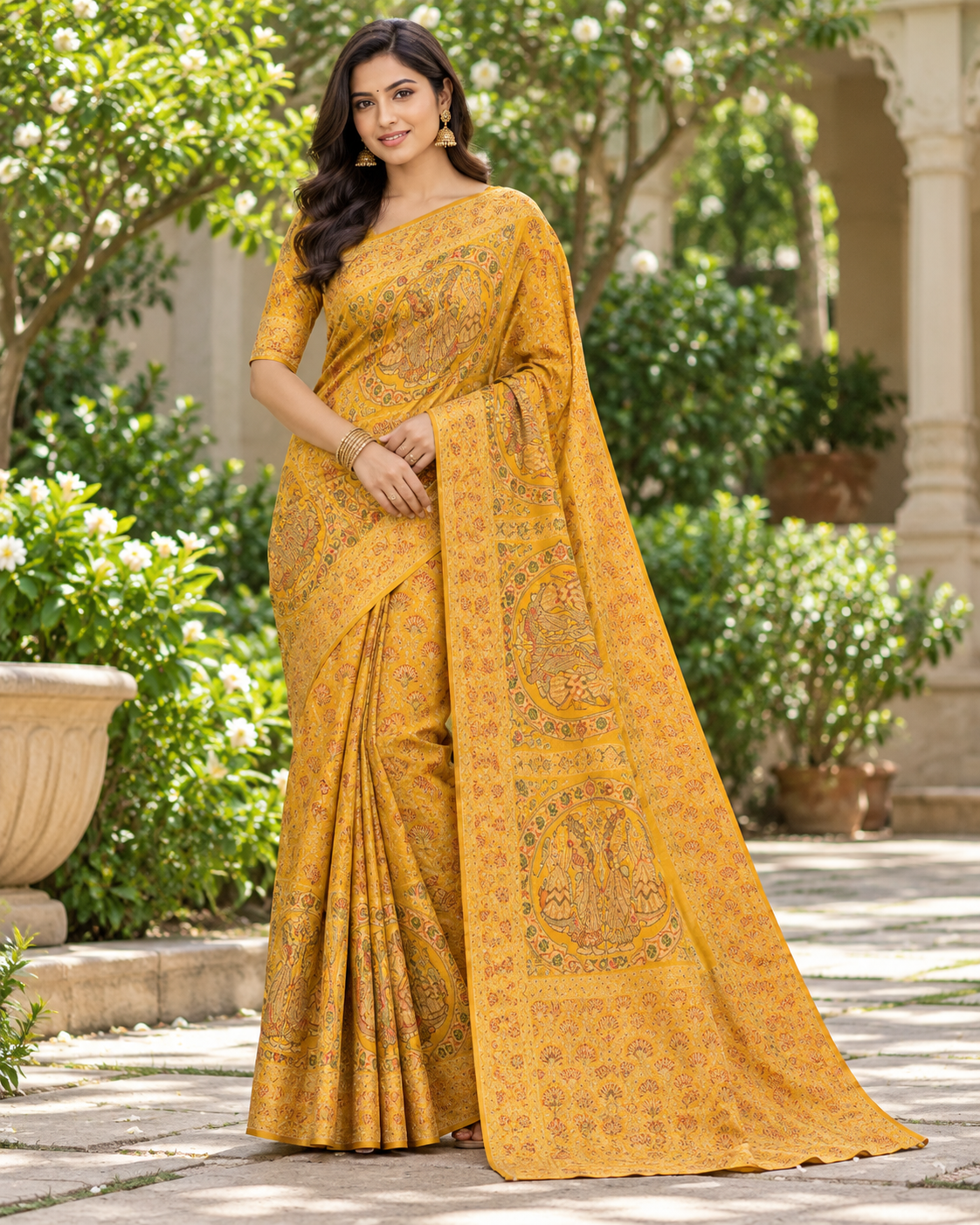 Mustard Yellow Traditional Kalamkari Print Saree