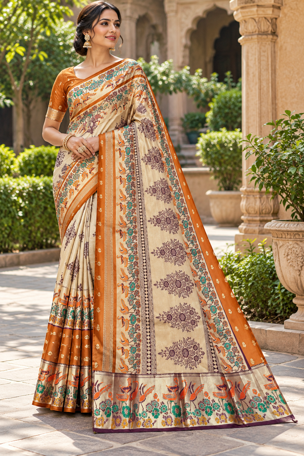 Cream Gold Silk Saree with Animal & Floral Motifs, Orange Border, and Printed Pallu