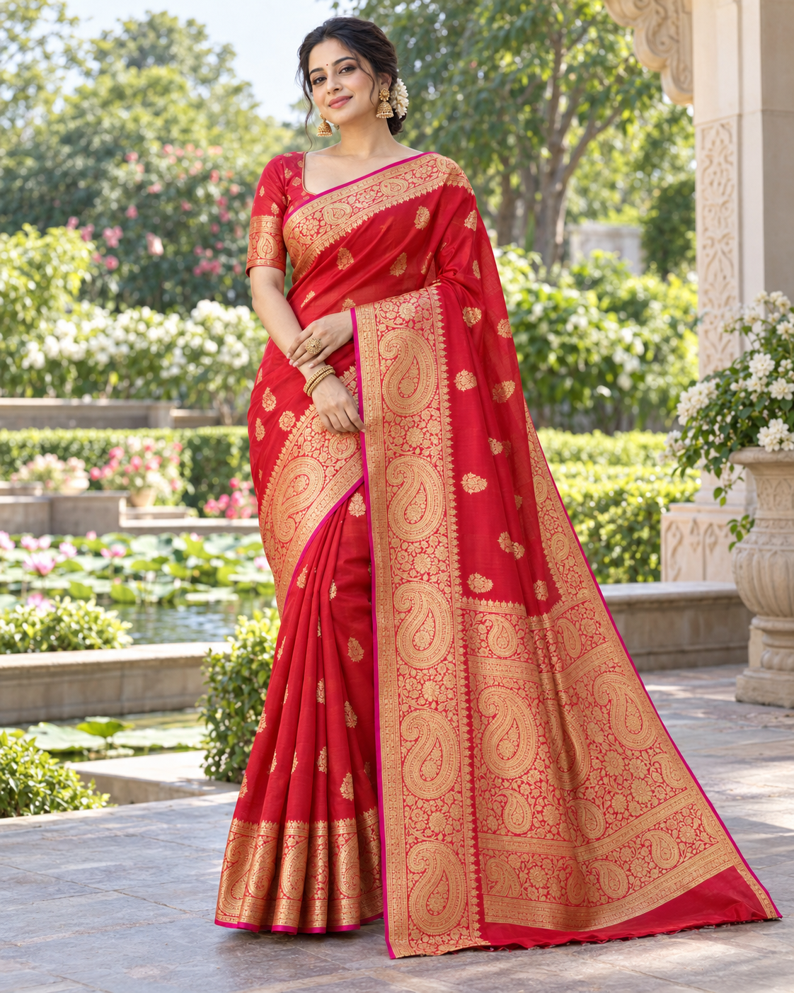 Pink Saree with Rich Golden Zari Paisley Border