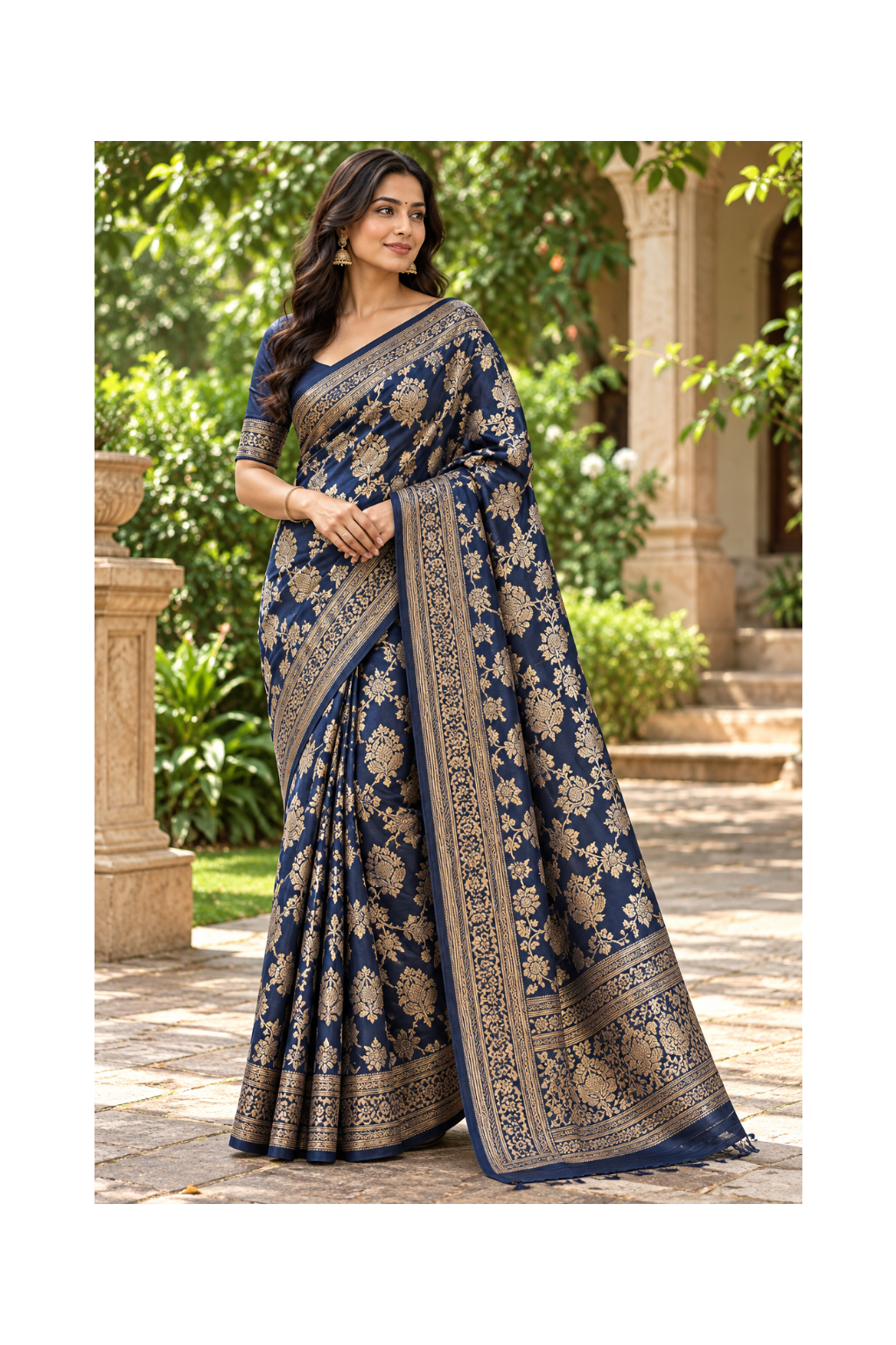 Navy Blue Banarasi Saree with Rich Golden Zari Floral Border
