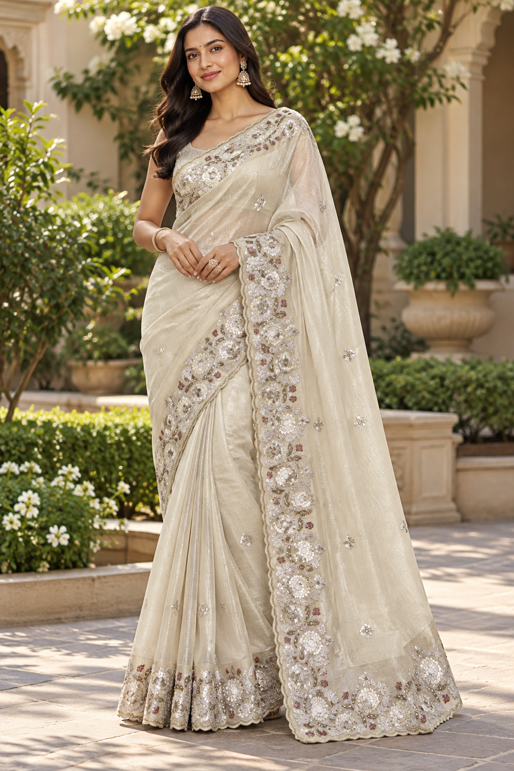 Luminous Champagne Gold Tissue Silk Saree with Scalloped Sequin & Zardozi Floral Border