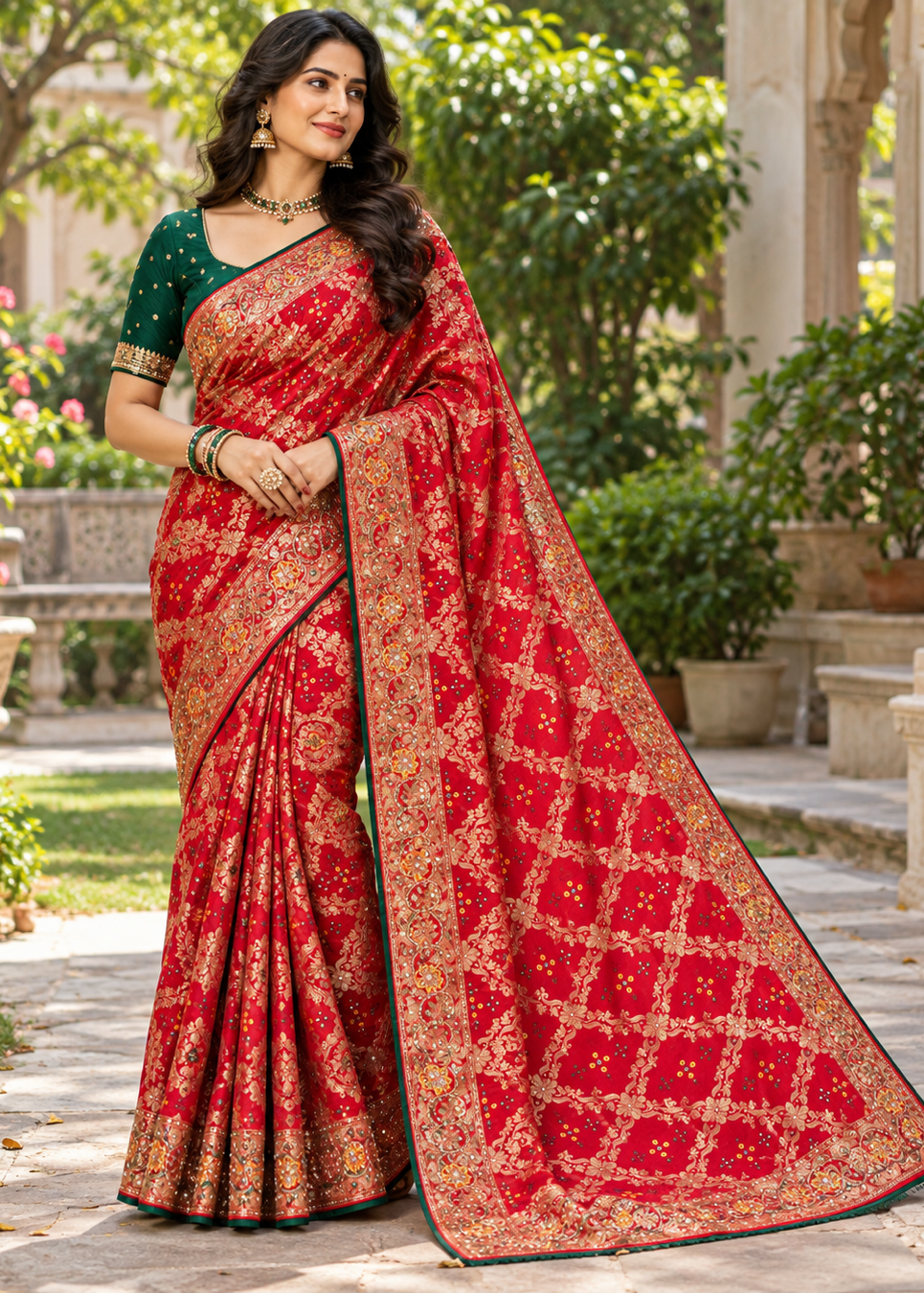 Crimson Red Silk Bandhani Saree with Floral Jaal &amp; Embroidered Mirror-Work Border Main image
