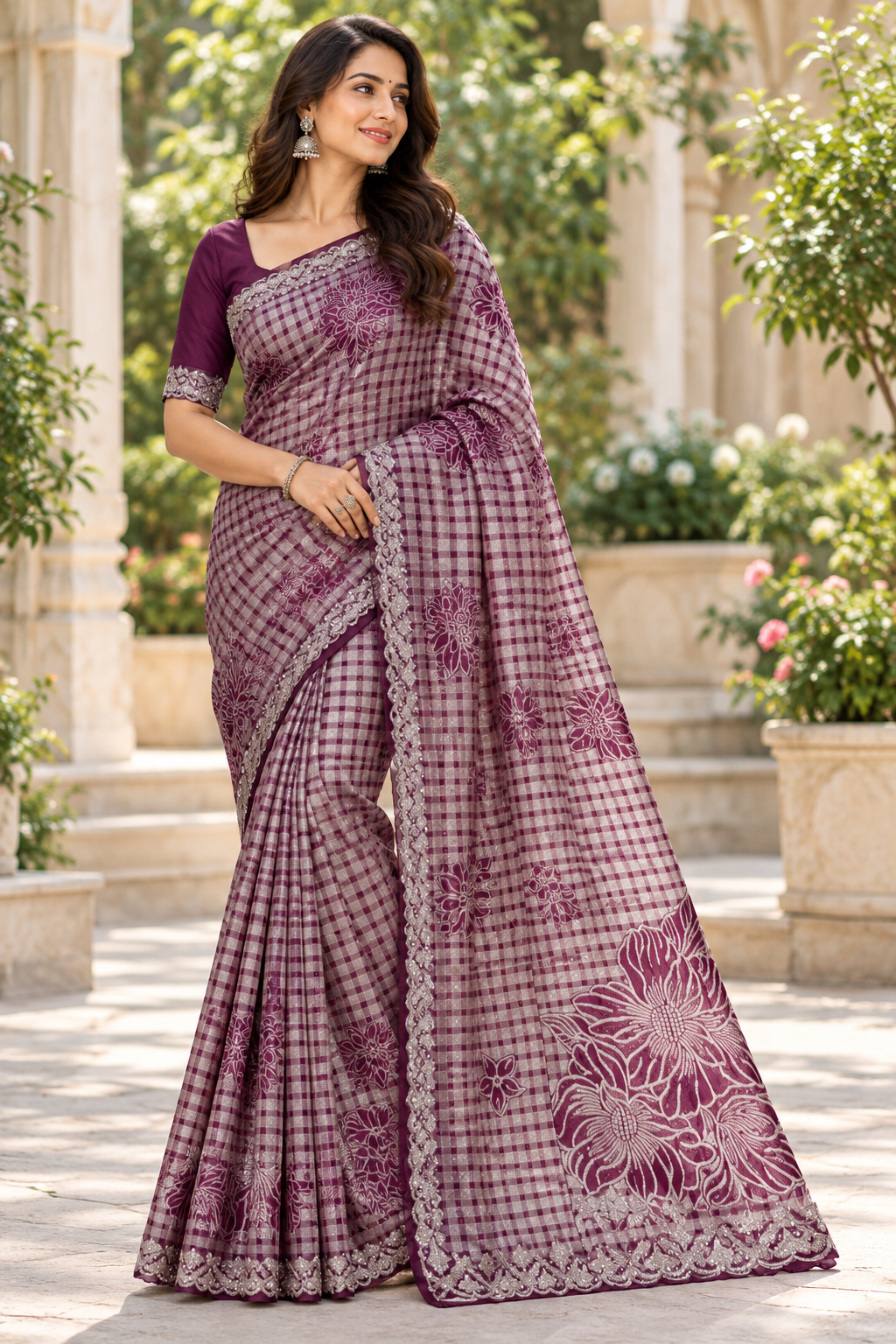 Plum Purple Checked Silk Saree with Large Floral Motifs & Scalloped Sequin Border