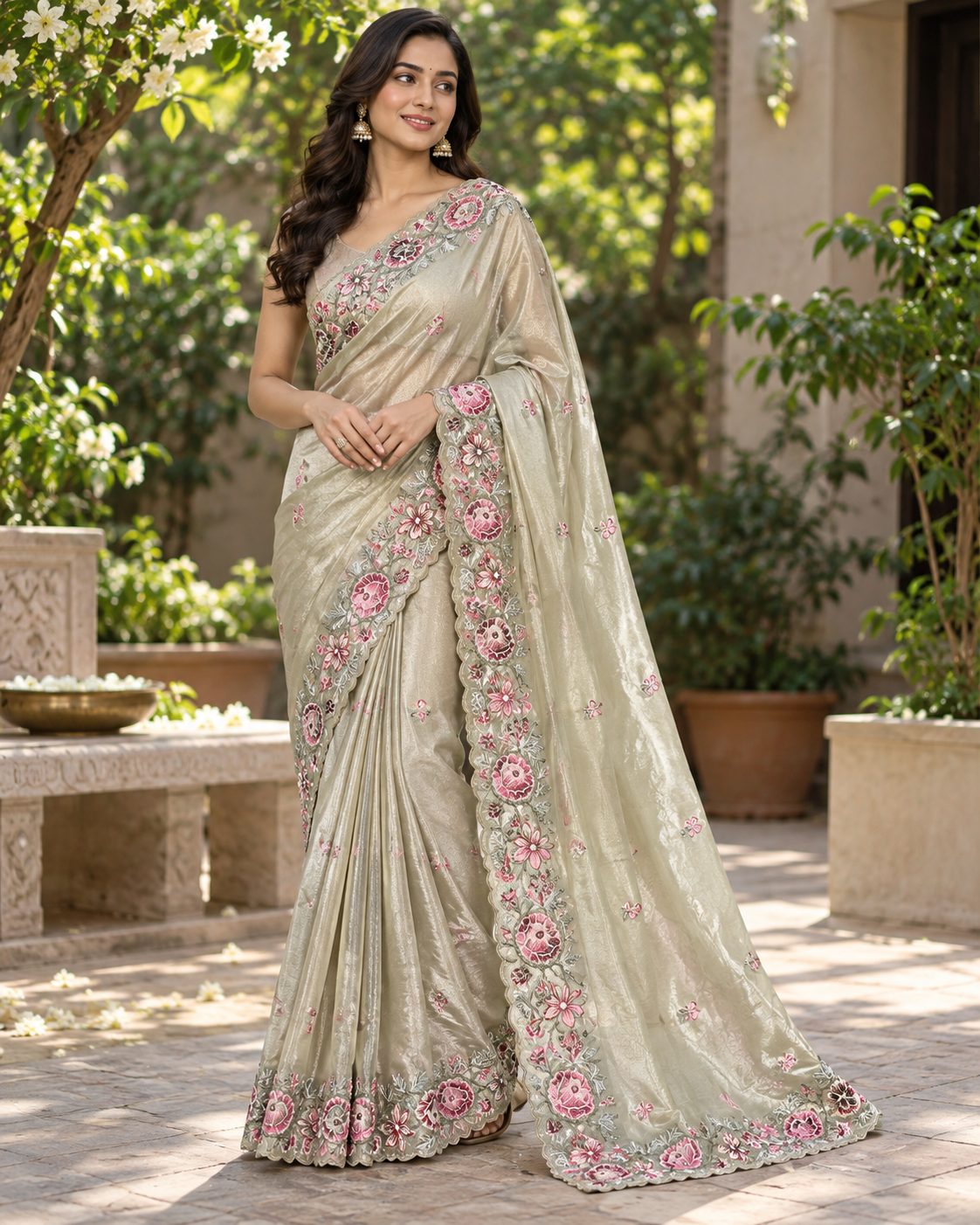 Sage Green Embroidered Tissue Saree Main image