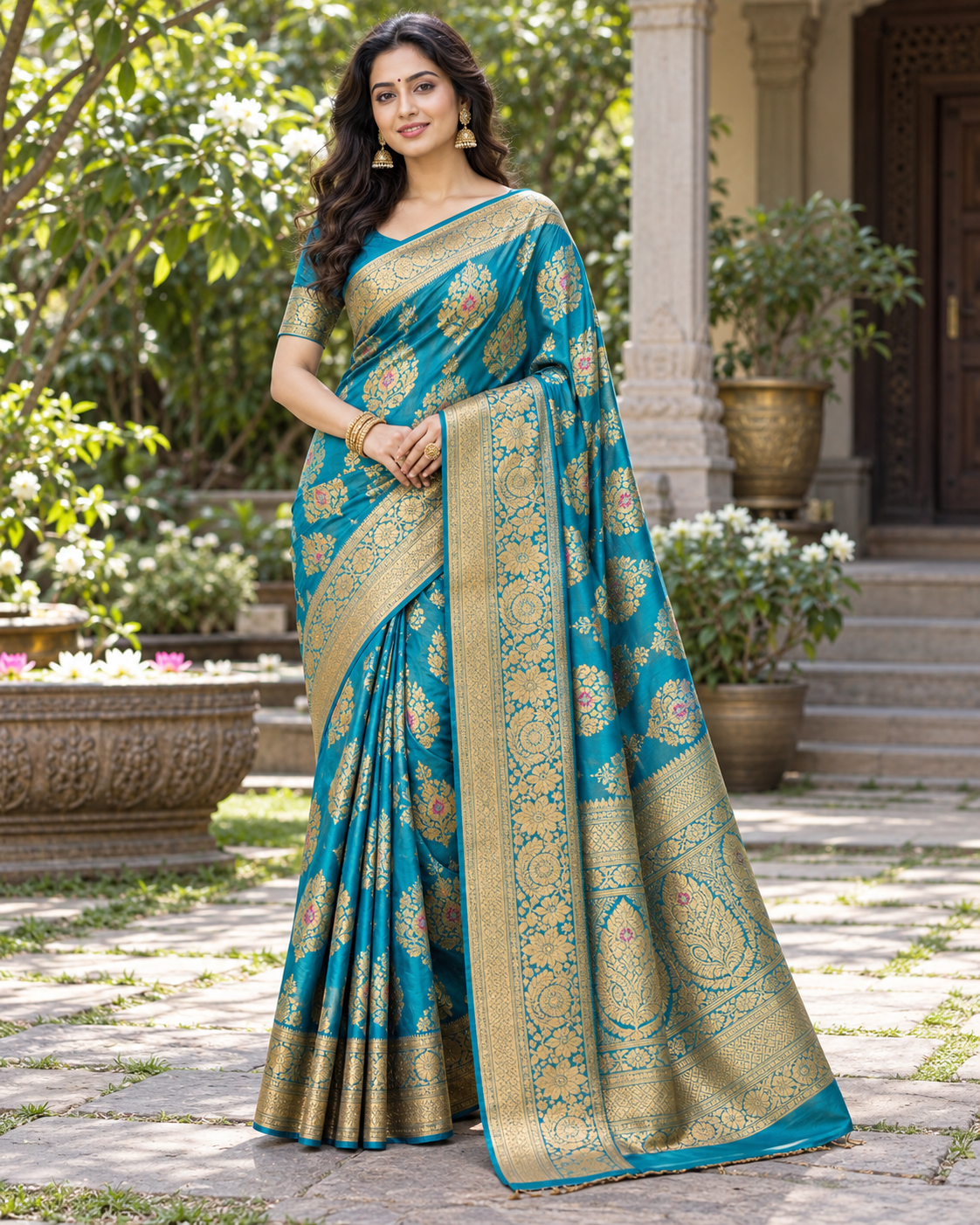 Firozi Blue Banarasi Saree with Rich Golden Zari Floral Border Main image