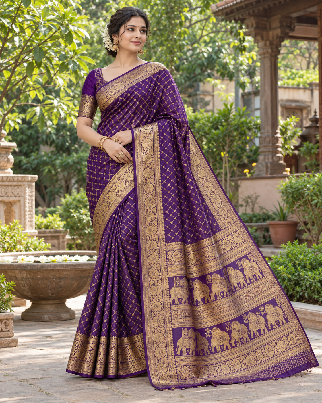 Purple Banarasi Saree with Golden Zari Border & Traditional Elephant Motifs