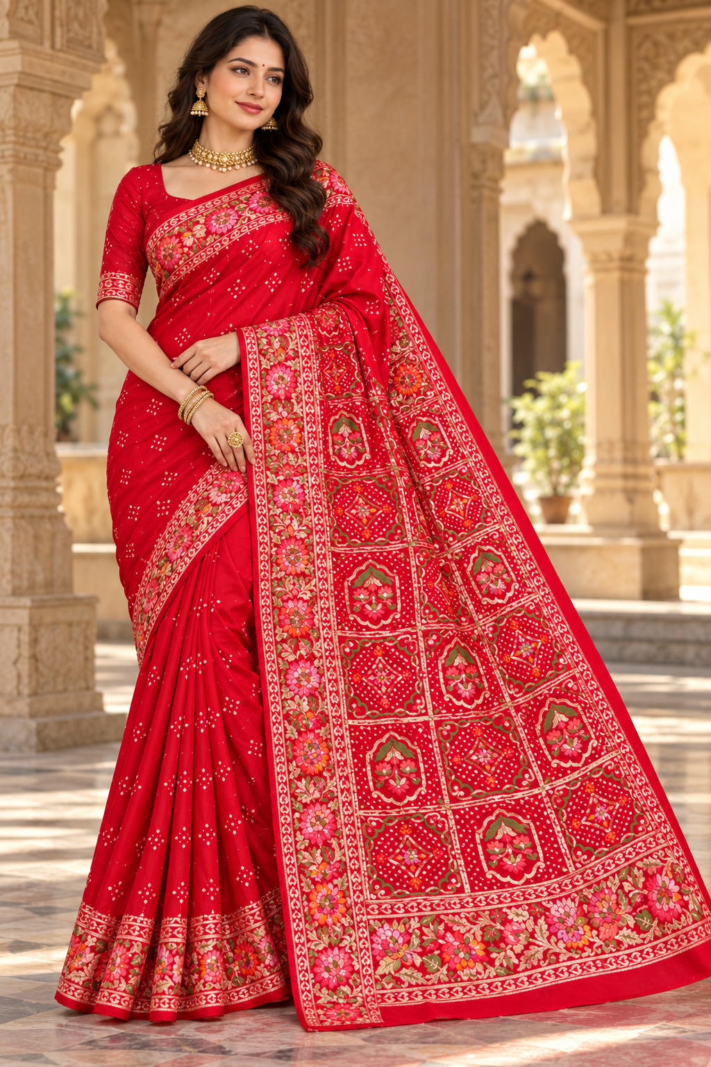Crimson Red Floral And Bandhani Saree Main image