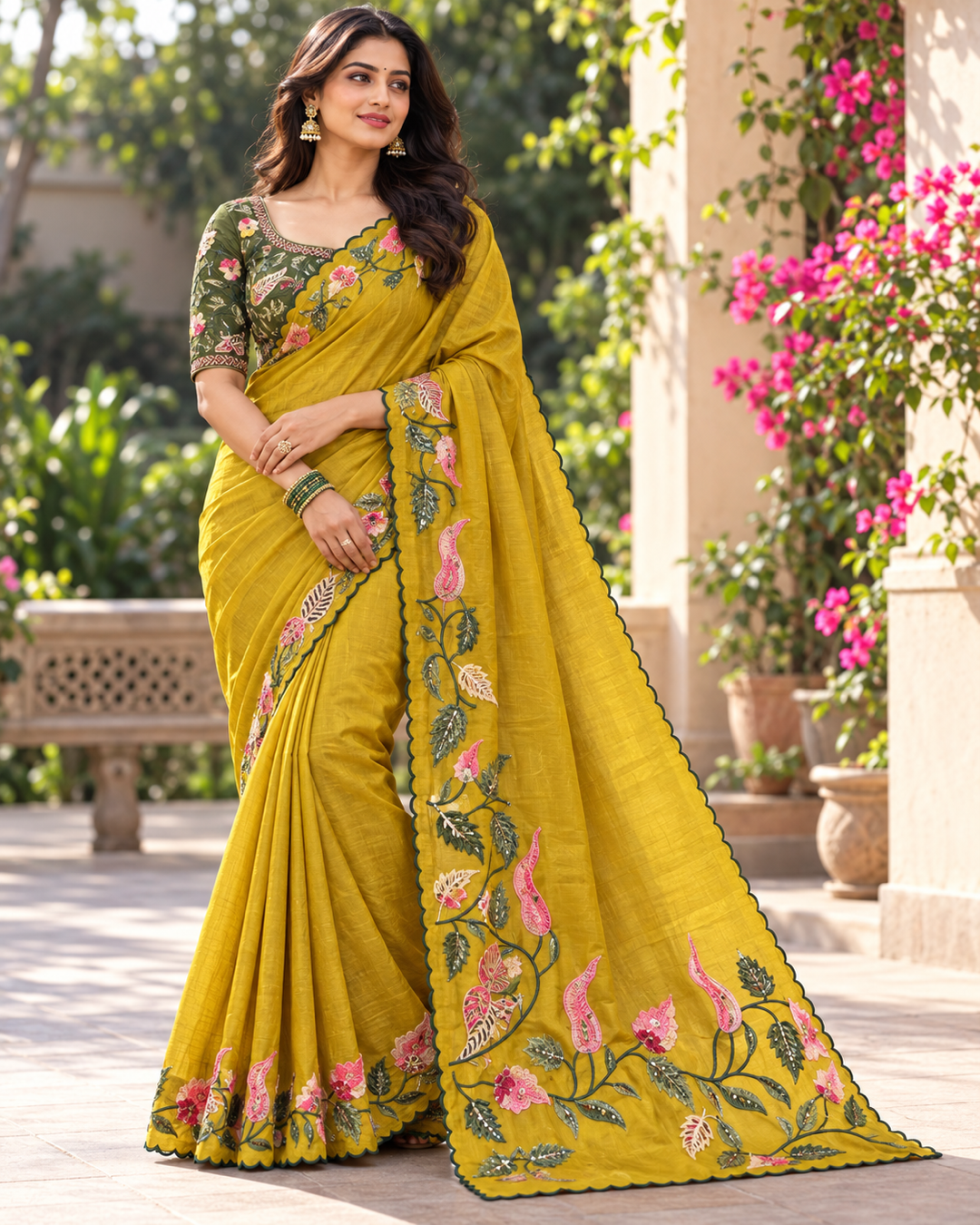 Olive Green Floral Silk Saree
