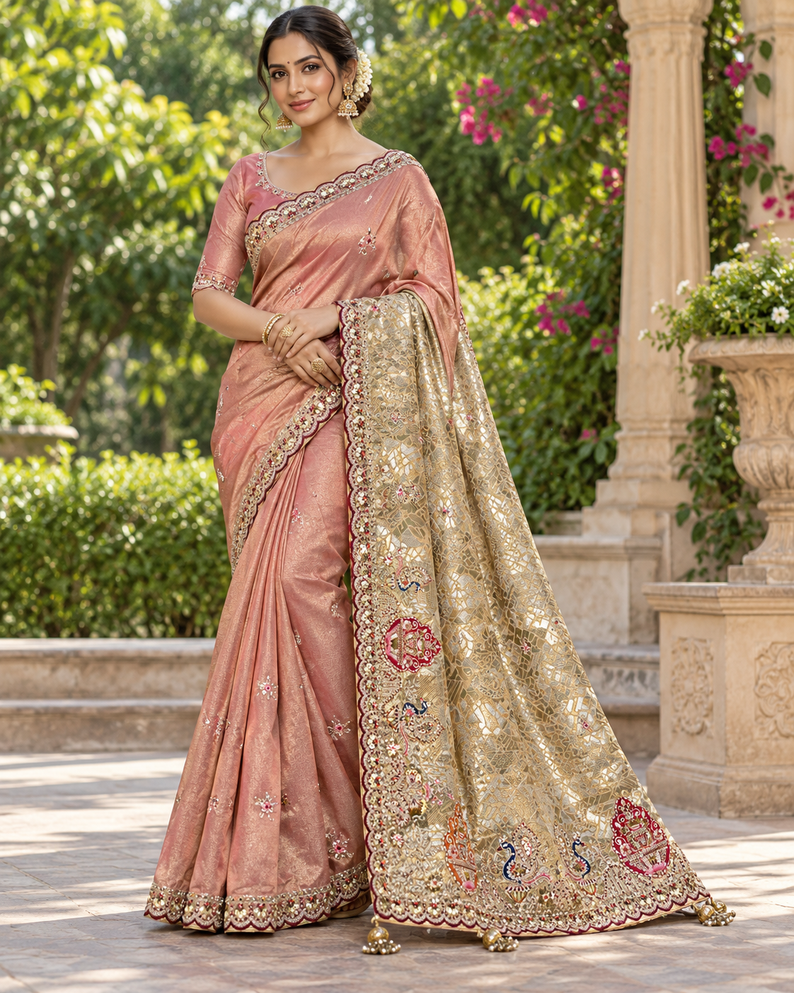 Peach Gold Zari Embroidered Saree
