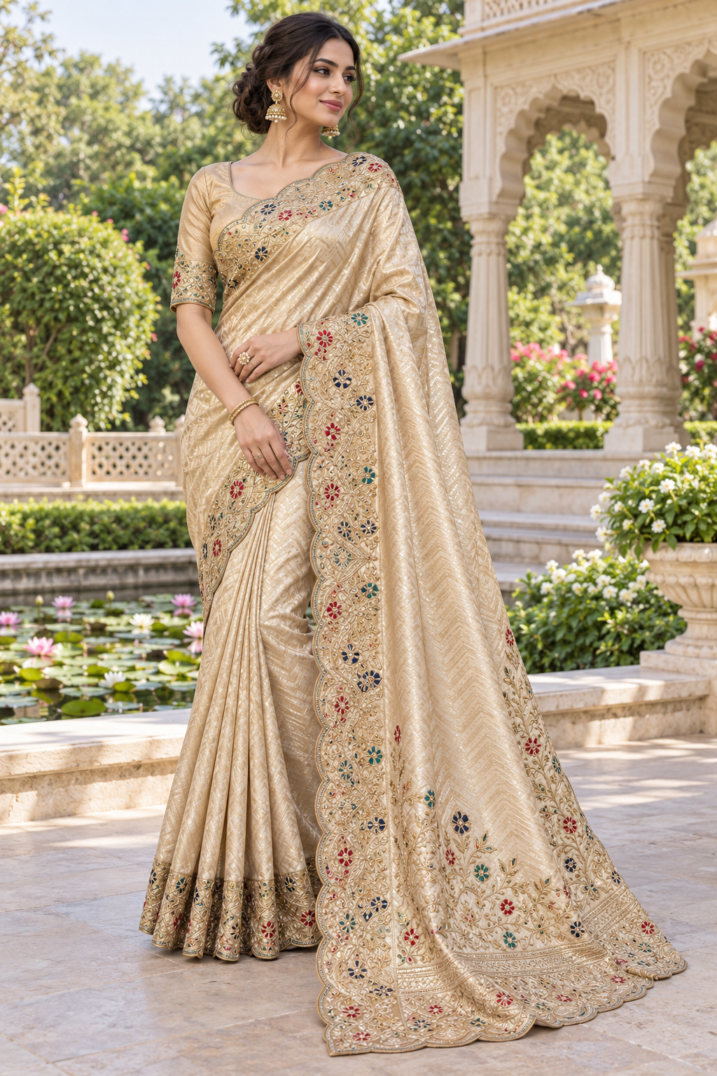 Metallic Champagne Gold Tissue Silk Saree with Multi-Color Scalloped Zardozi Border