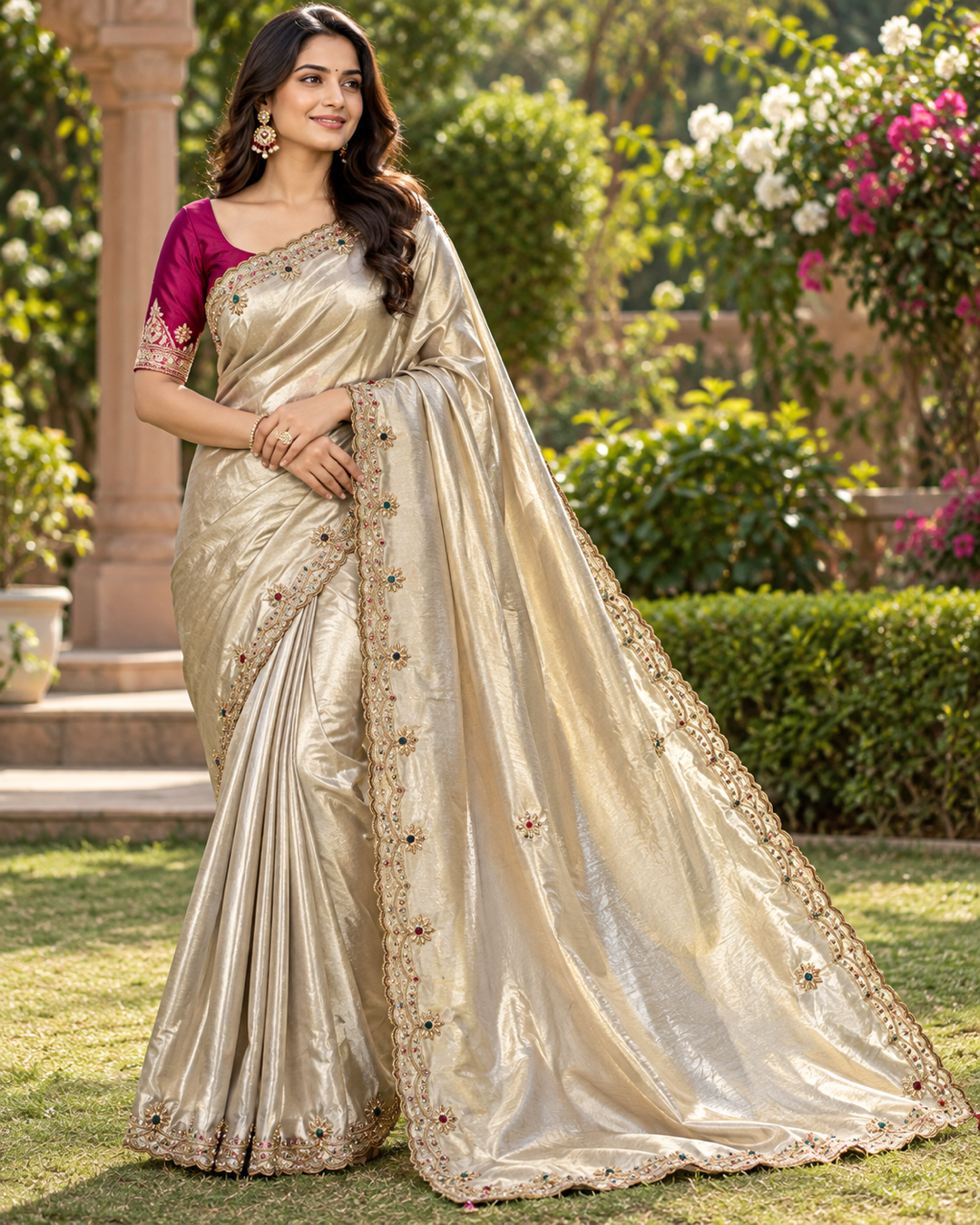Champagne Gold Embroidered Scallop Saree Main image